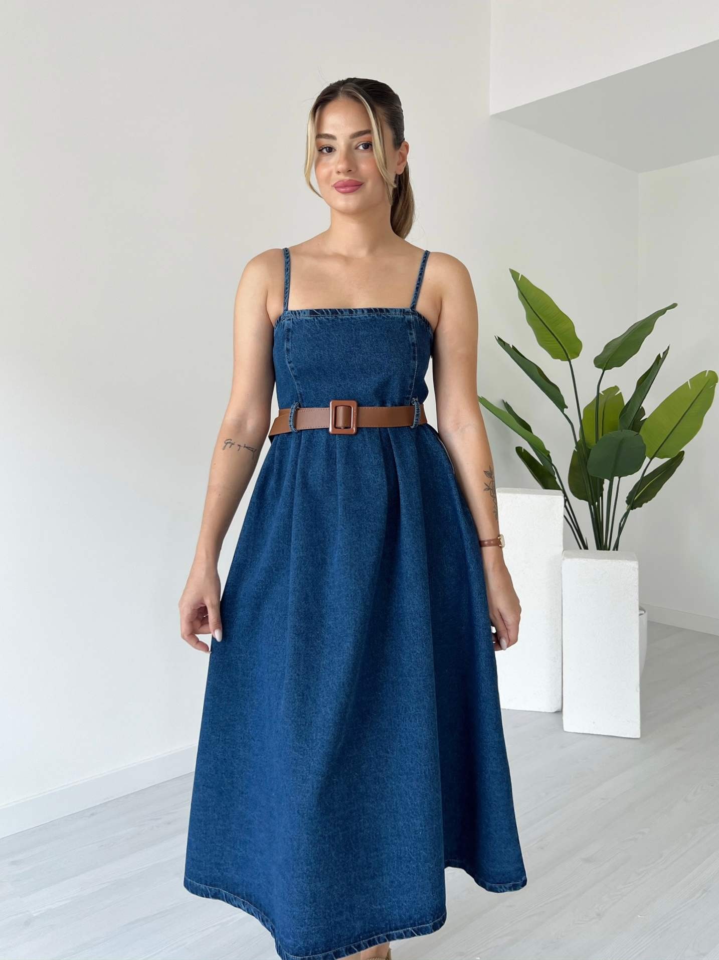 Askılı Denim Elbise