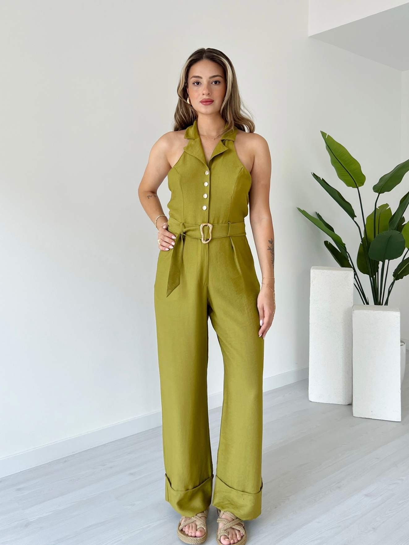 Duble Paça Sırt Detaylı Tulum - Olive Yeşil