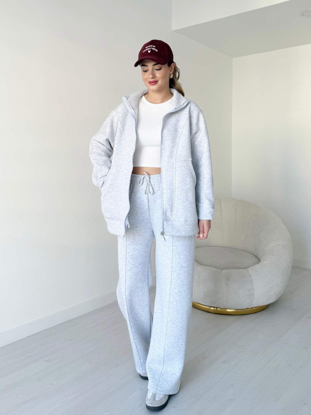 Şardonlu Üç İplik Eşofman Takımı - Gri Melanj