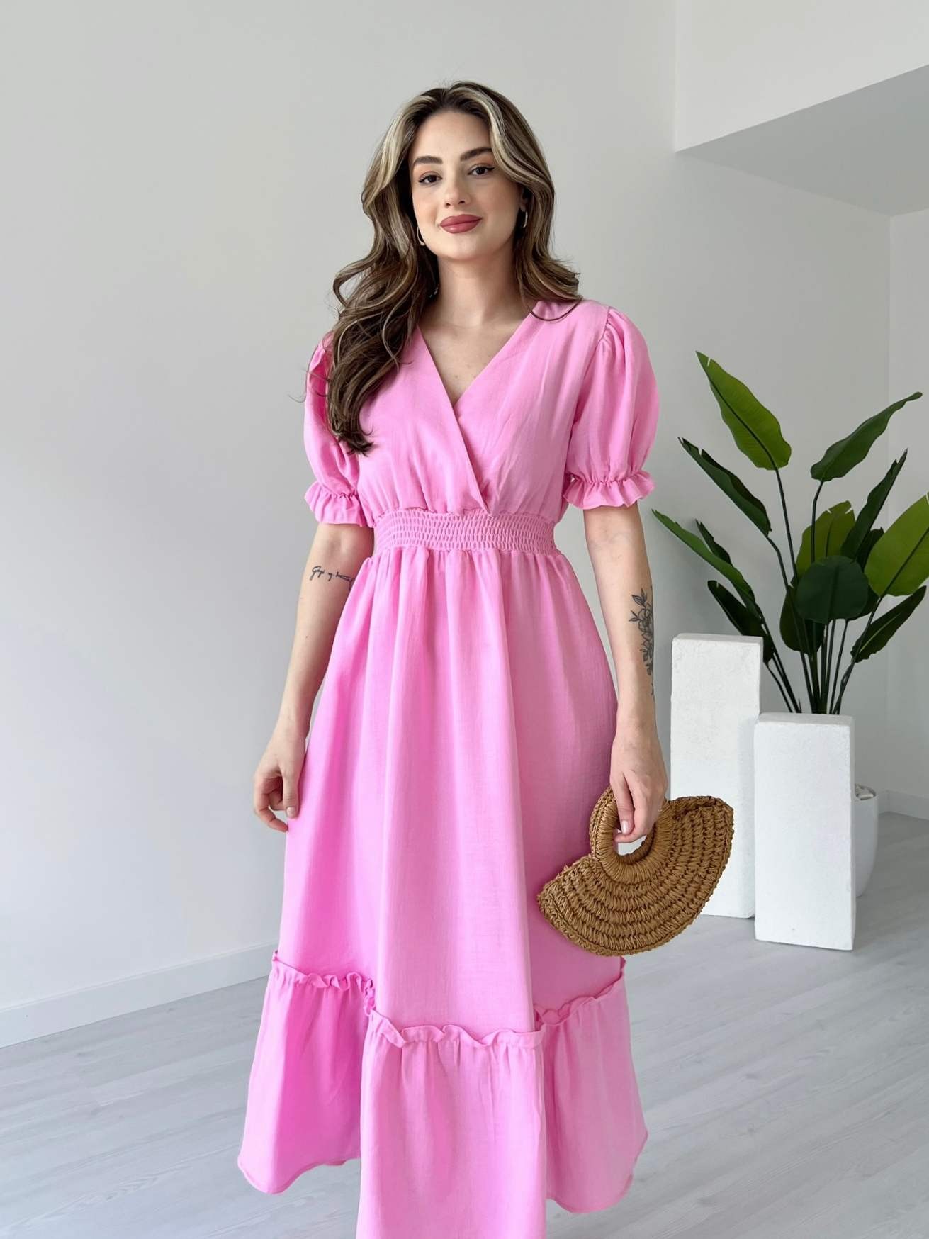 Bel Gipeli Karpuz Kol Müslin Elbise - Pembe