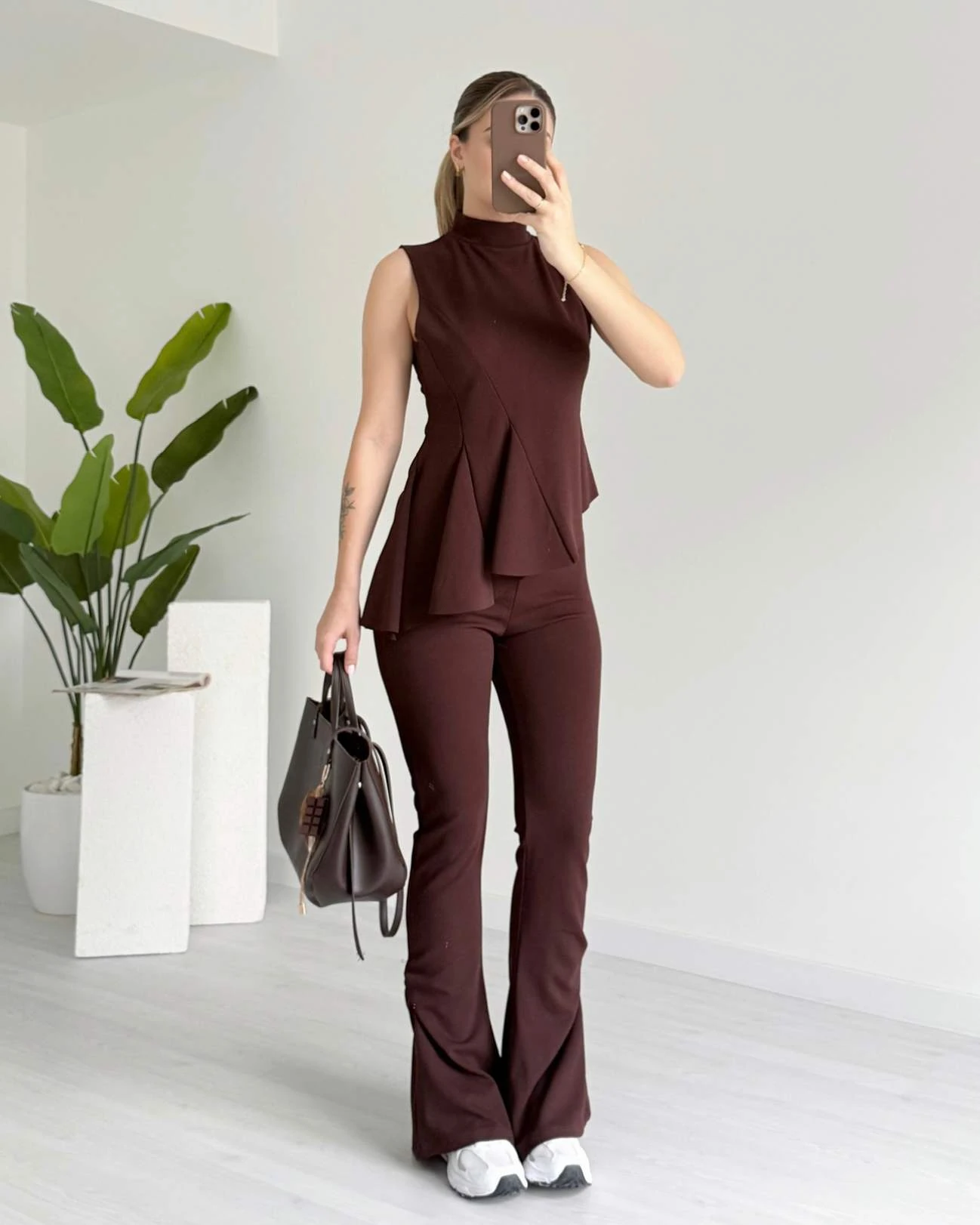 Asimetrik Kesim Bluz Pantolon Takım - Kahve