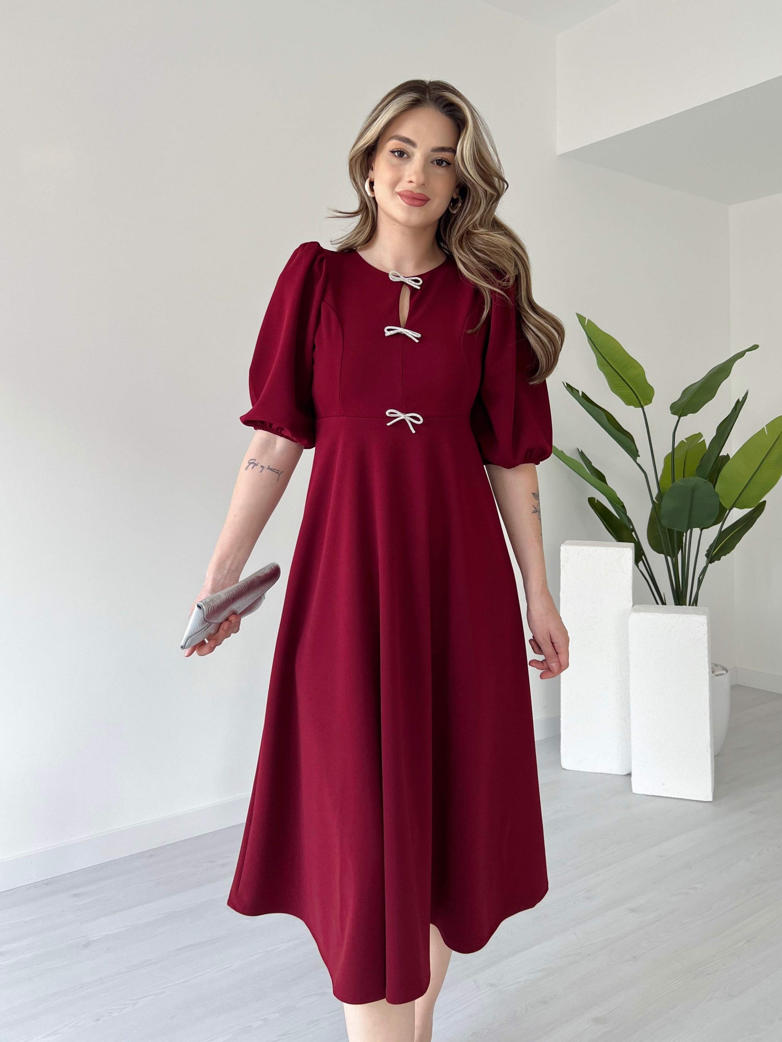 Fiyonk Detaylı Midi Boy Elbise - Bordo