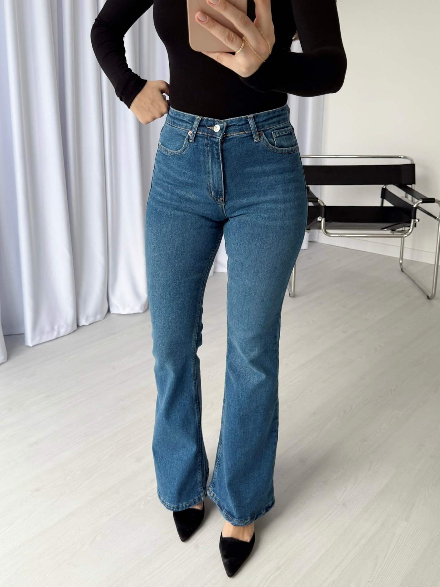 Yüksek Bel Likralı İspanyol Paça Jean