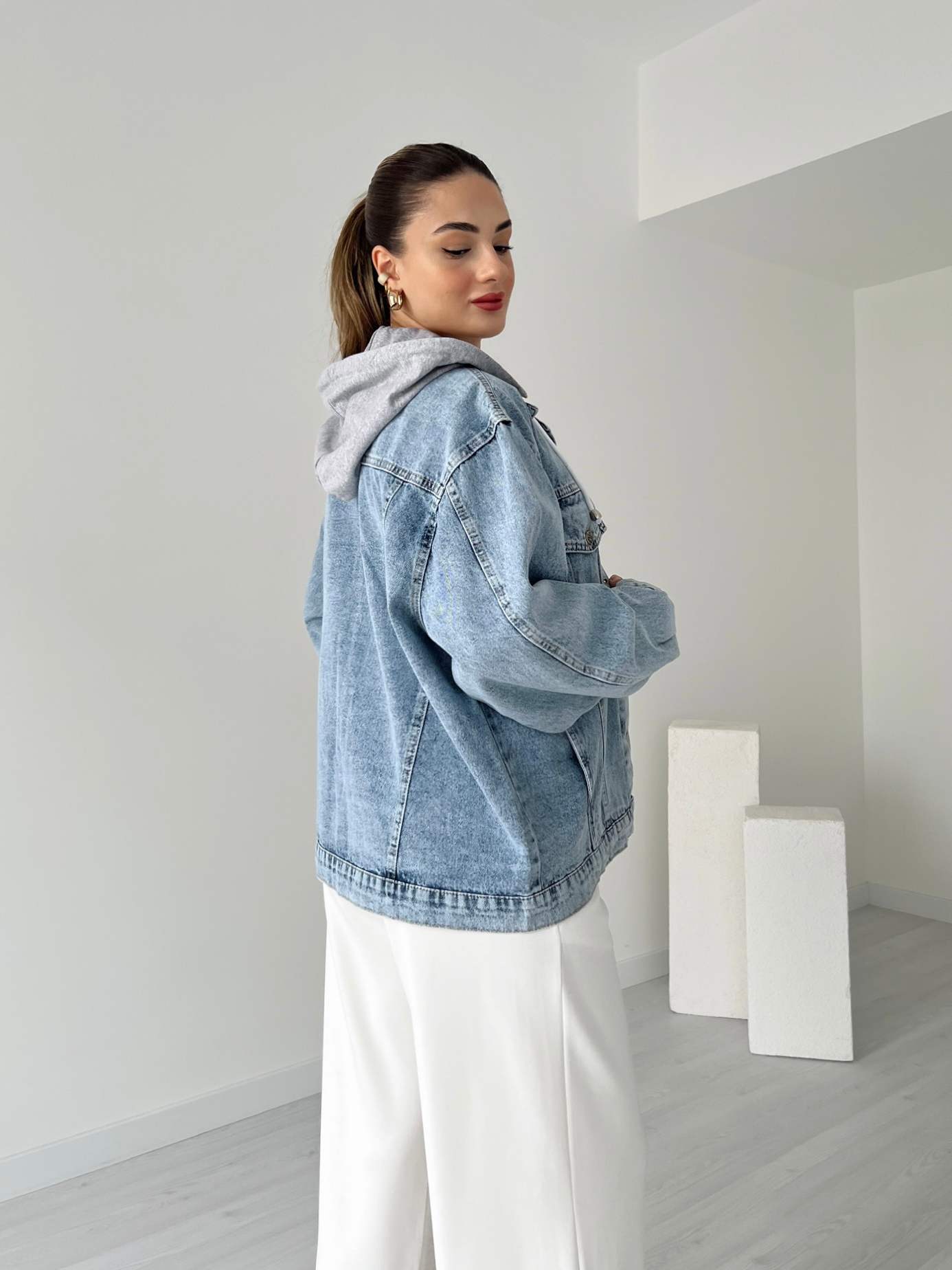 Kapüşonlu Oversize Denim Ceket