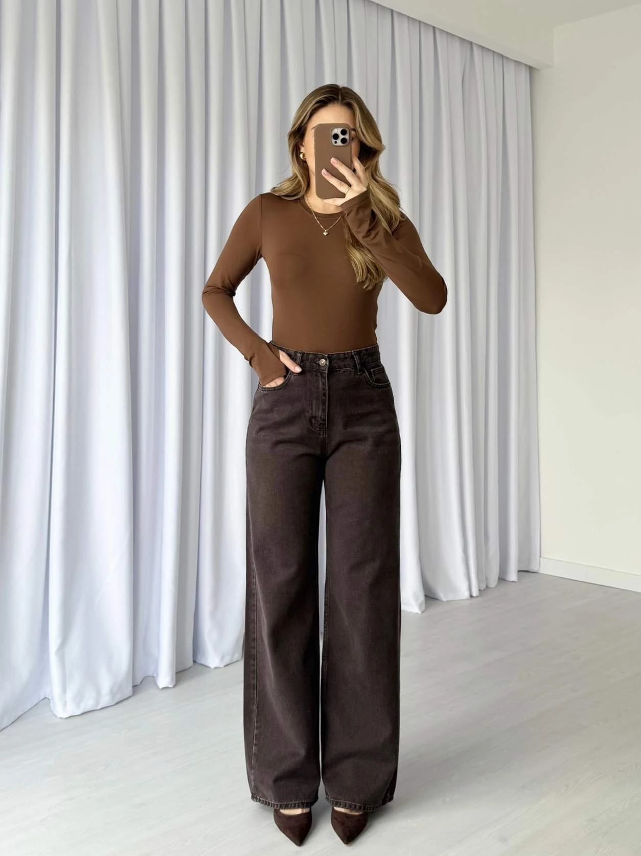 Yüksek Bel Palazzo Jean - Soluk Kahve