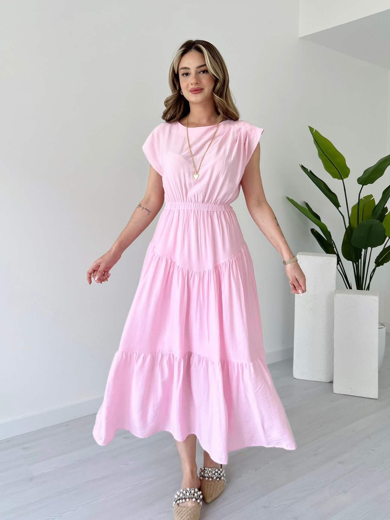 Beli Lastikli Midi Boy BORRİS Elbise - Pembe