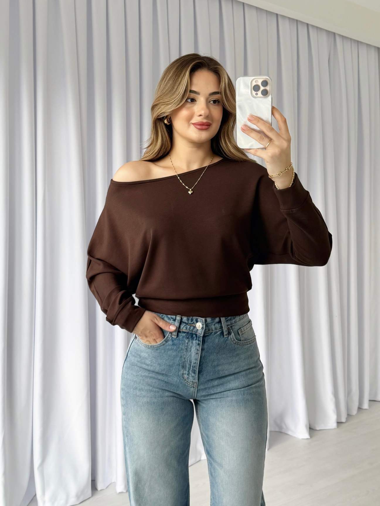 Kayık Yaka Modal Bluz - Kahve