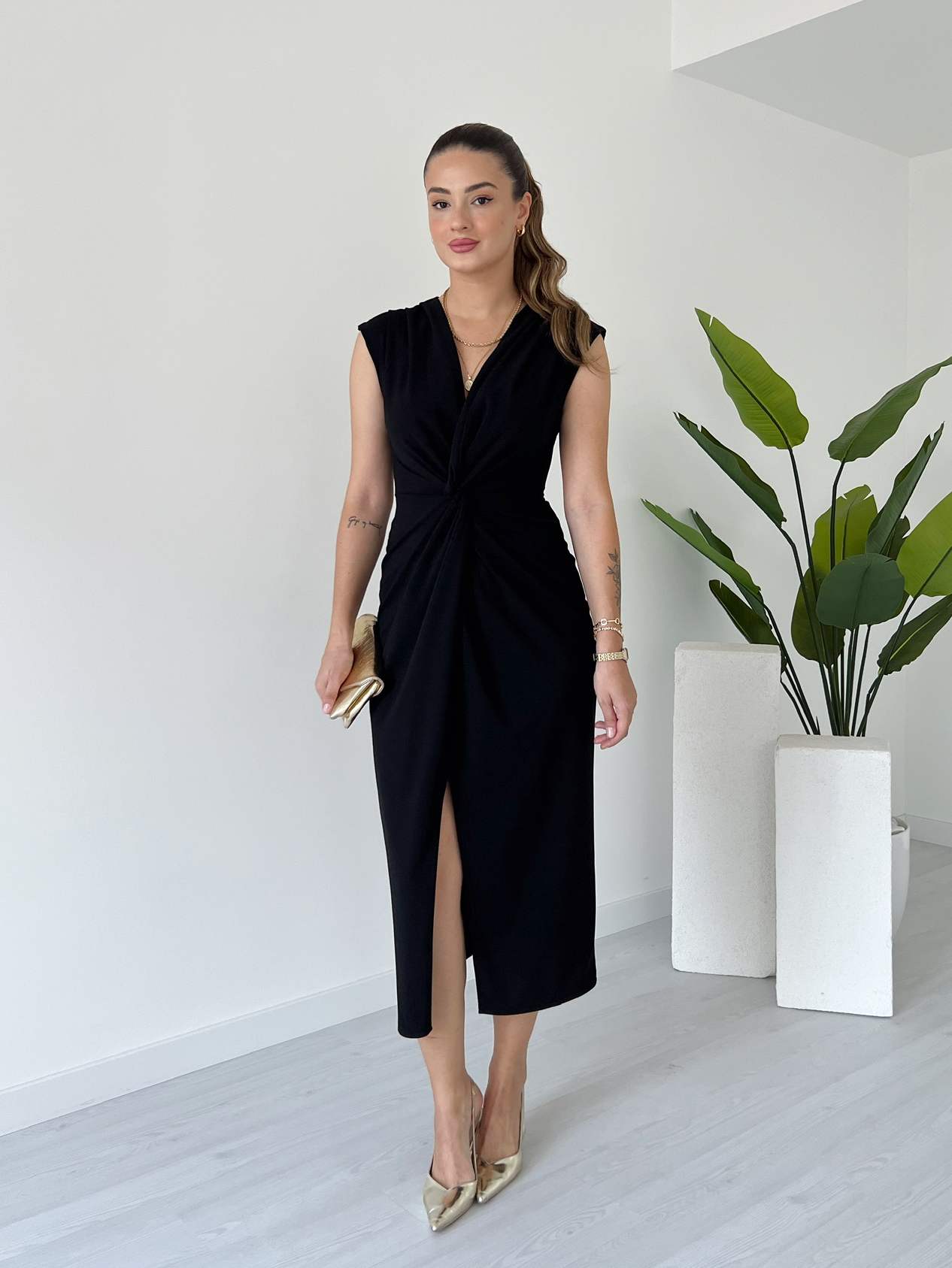 Kruvaze Yaka Beli Büzgülü Elbise