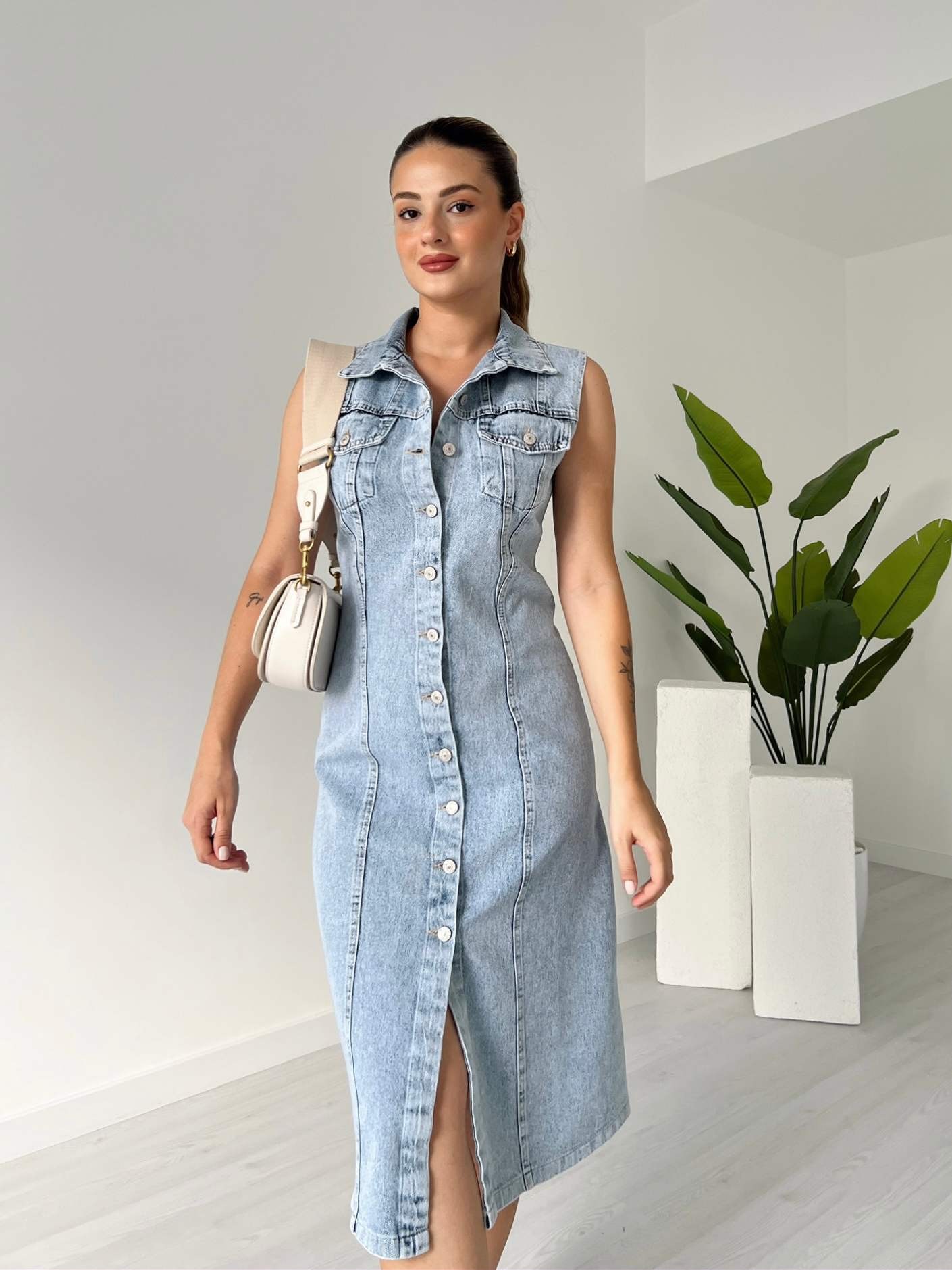 Sıfır Kol Önü Düğmeli Denim Elbise - Kar Yıkama