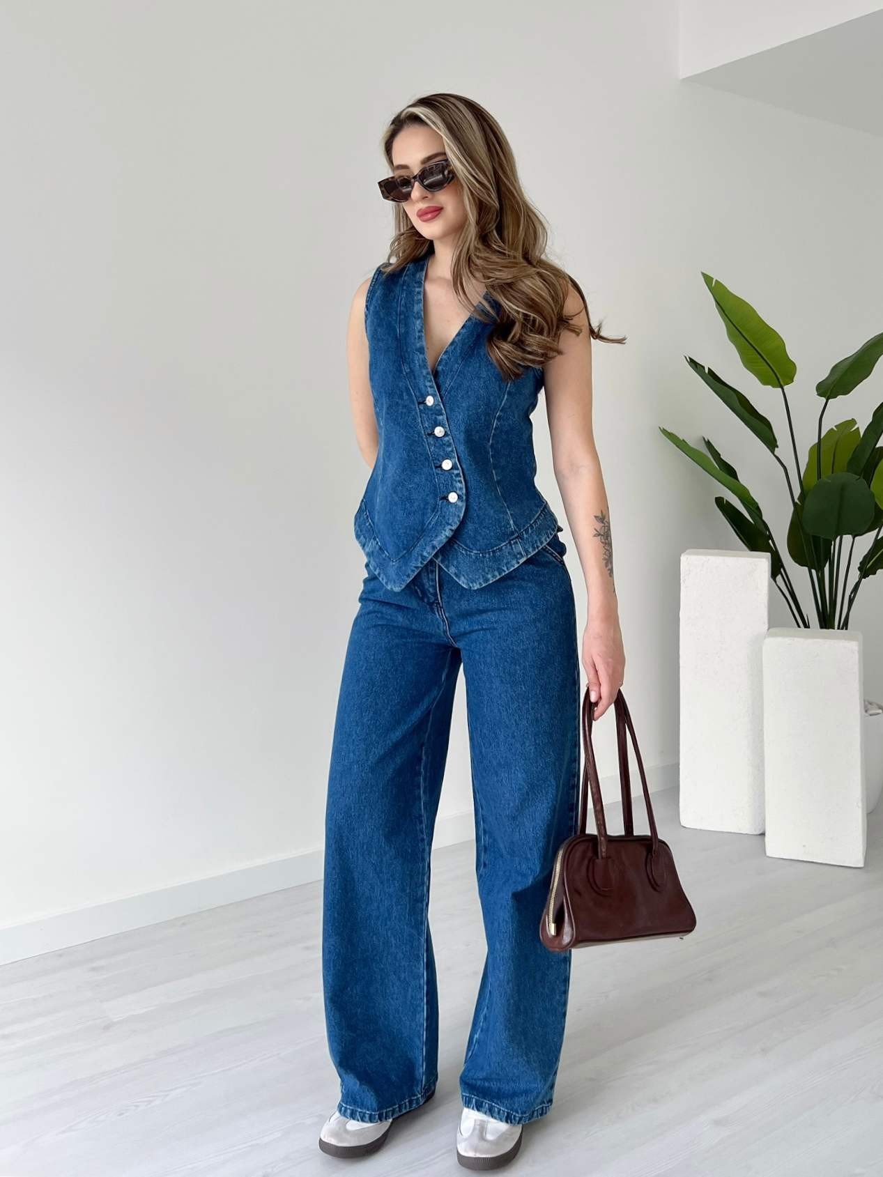 Asimetrik Yelekli Denim Takım - Mavi