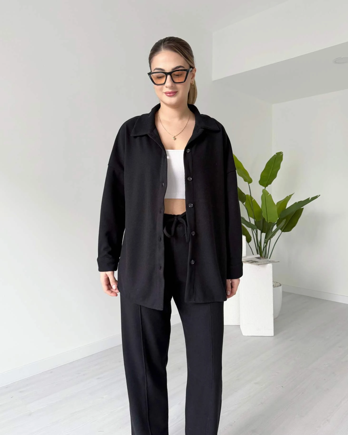 Kısa Paça Gömlekli Oversize Takım - Siyah
