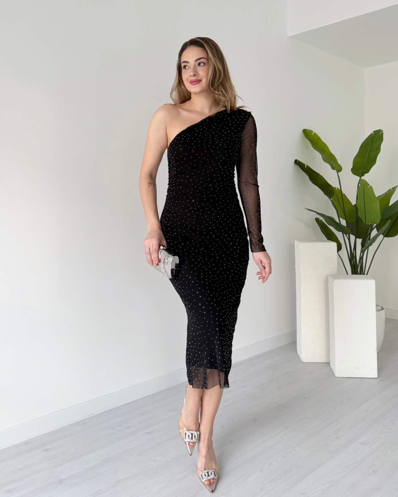 Tek Omuz Taş Süslemeli Tül Elbise