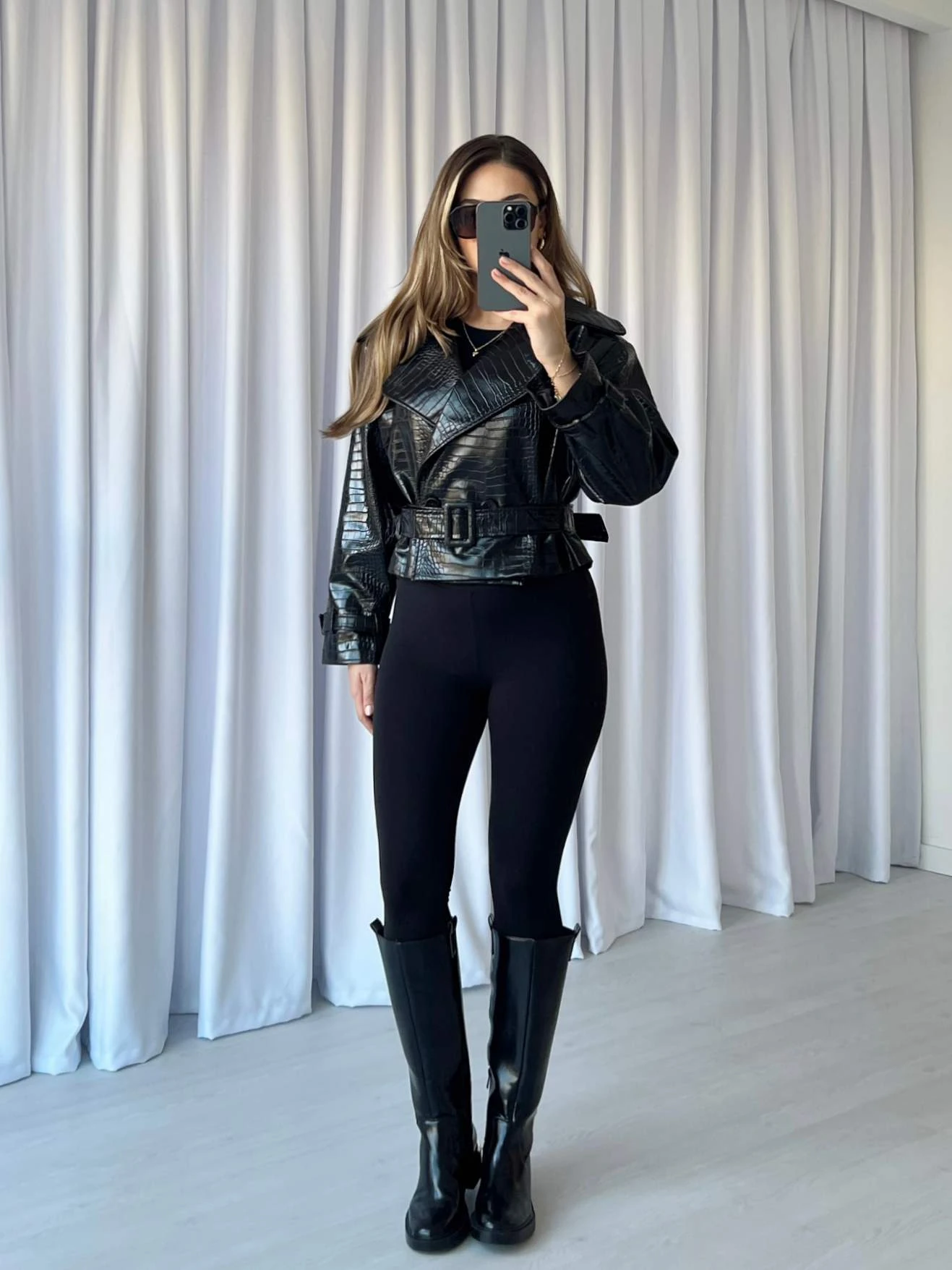 Kruvaze Yaka Krokodil Deri Ceket