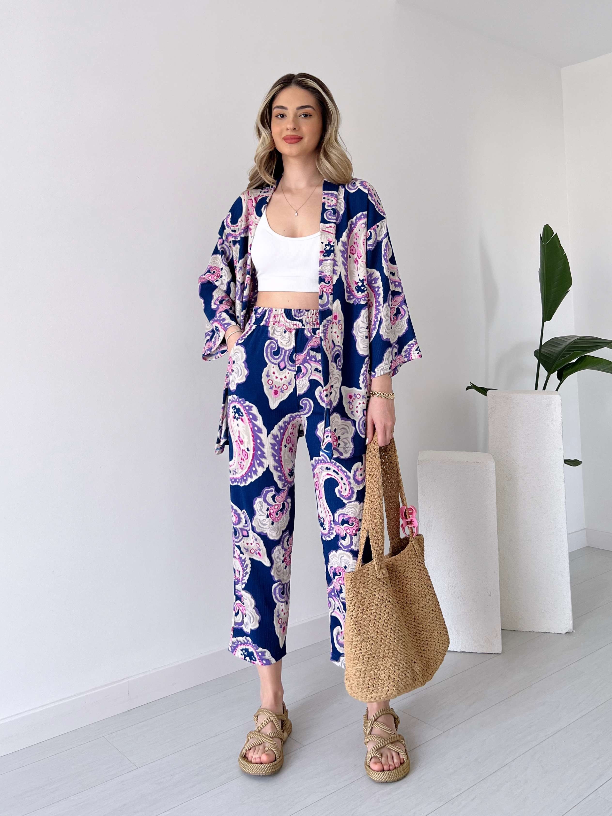 Desenli Kimono Takım - Lacivert
