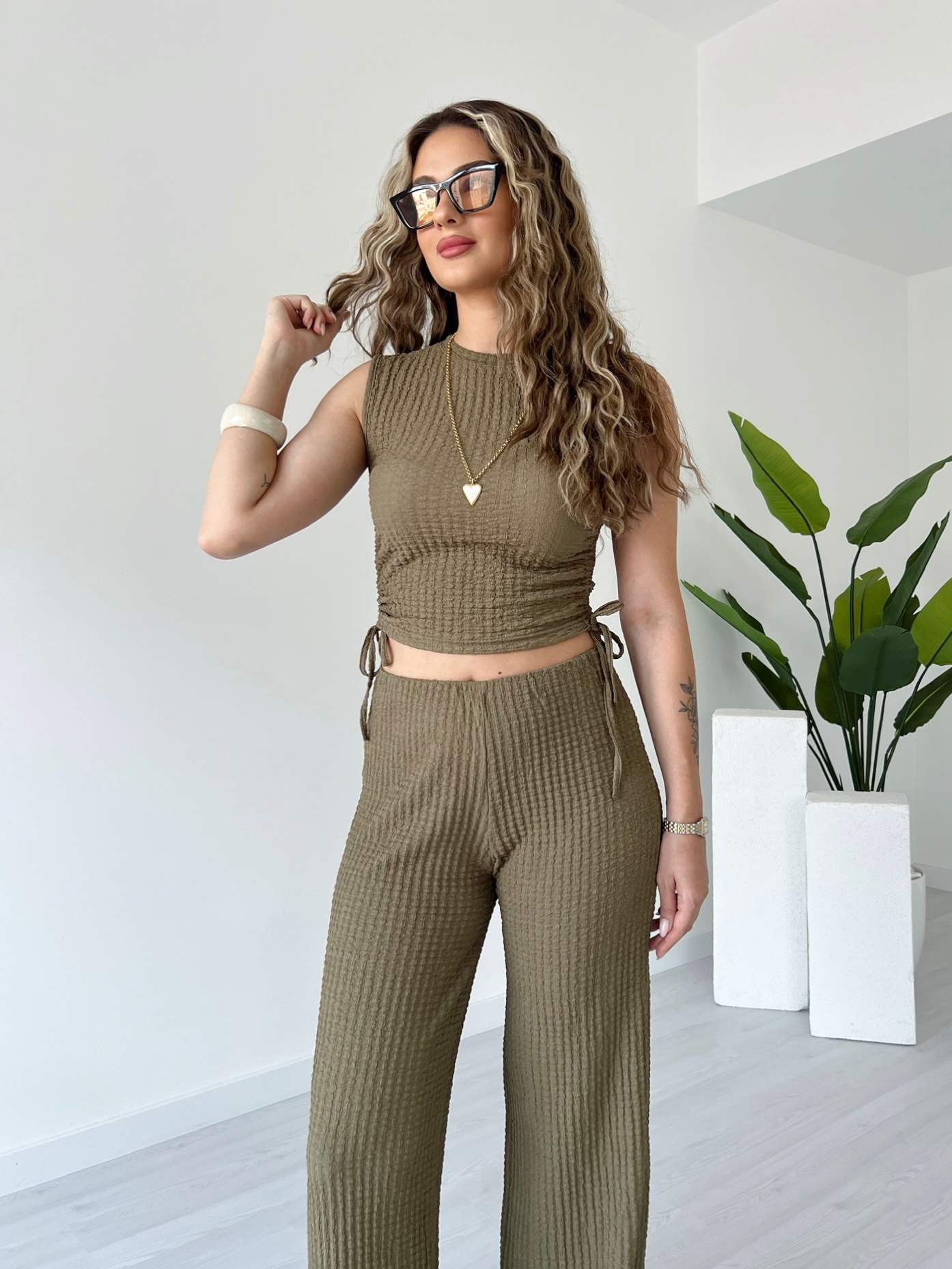 Bubble Kumaş Crop Takım