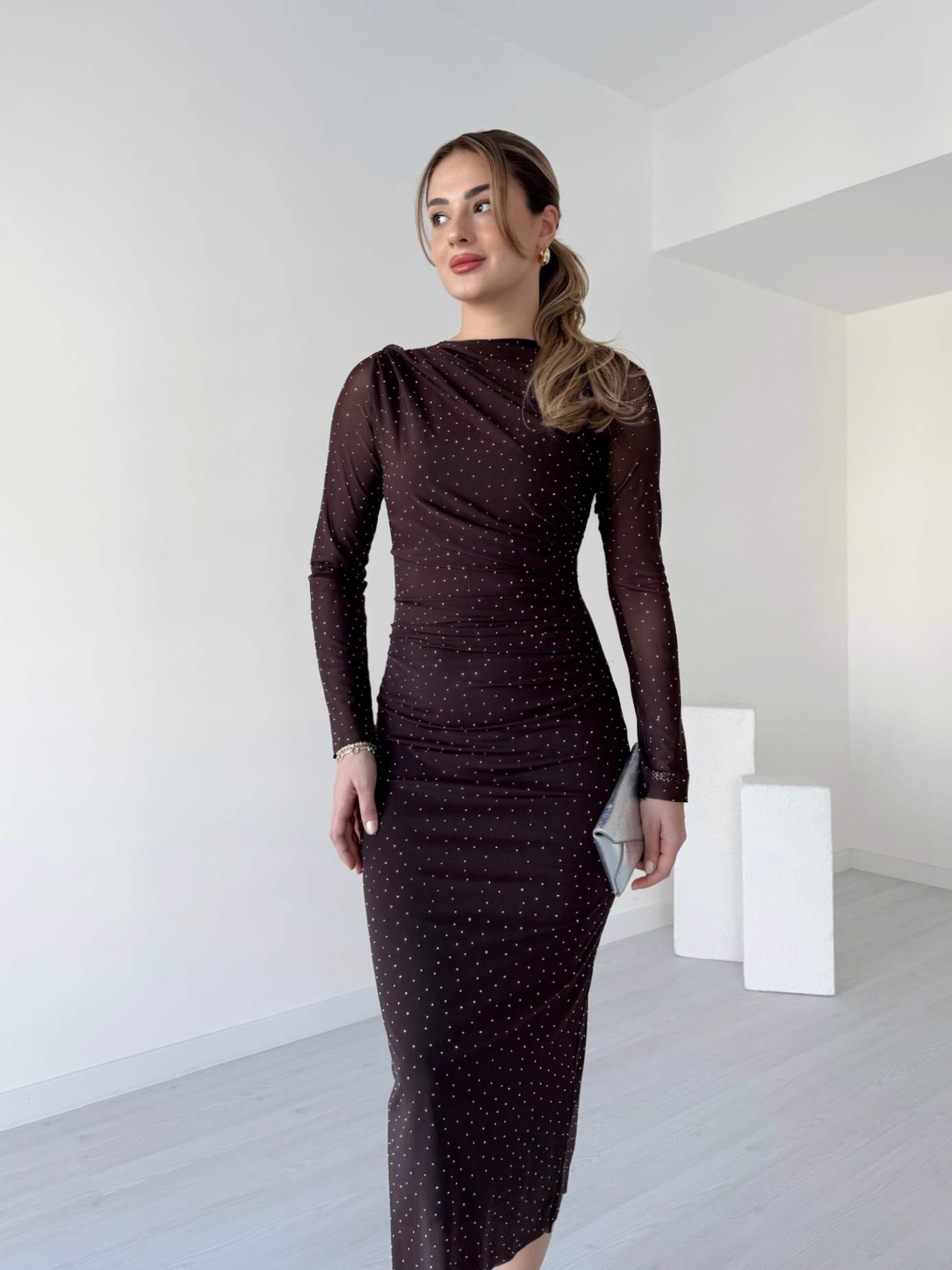 Taşlı Midi Boy Tül Elbise