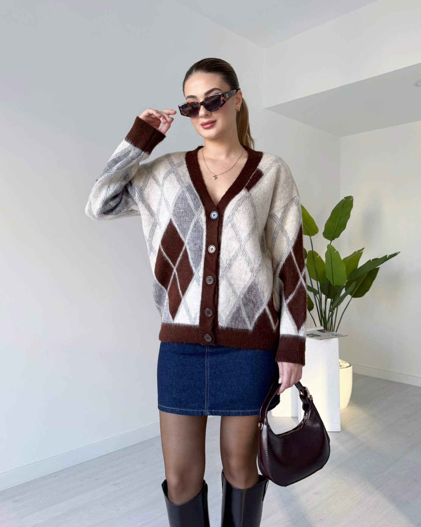 Baklava Desen Dokulu Salaş Hırka - Kahve