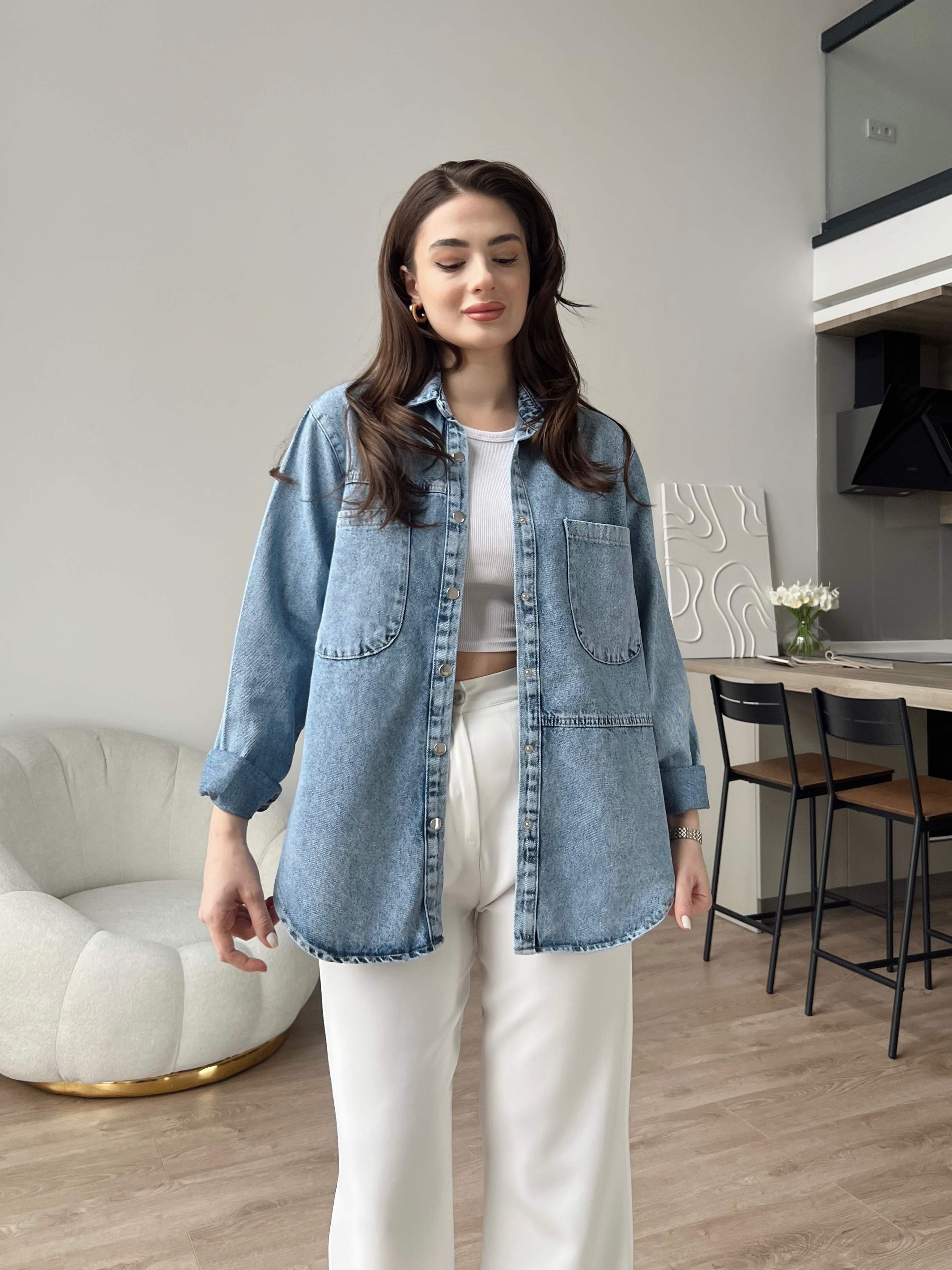 Çıtçıtlı Denim Gömlek - Kar Yıkama