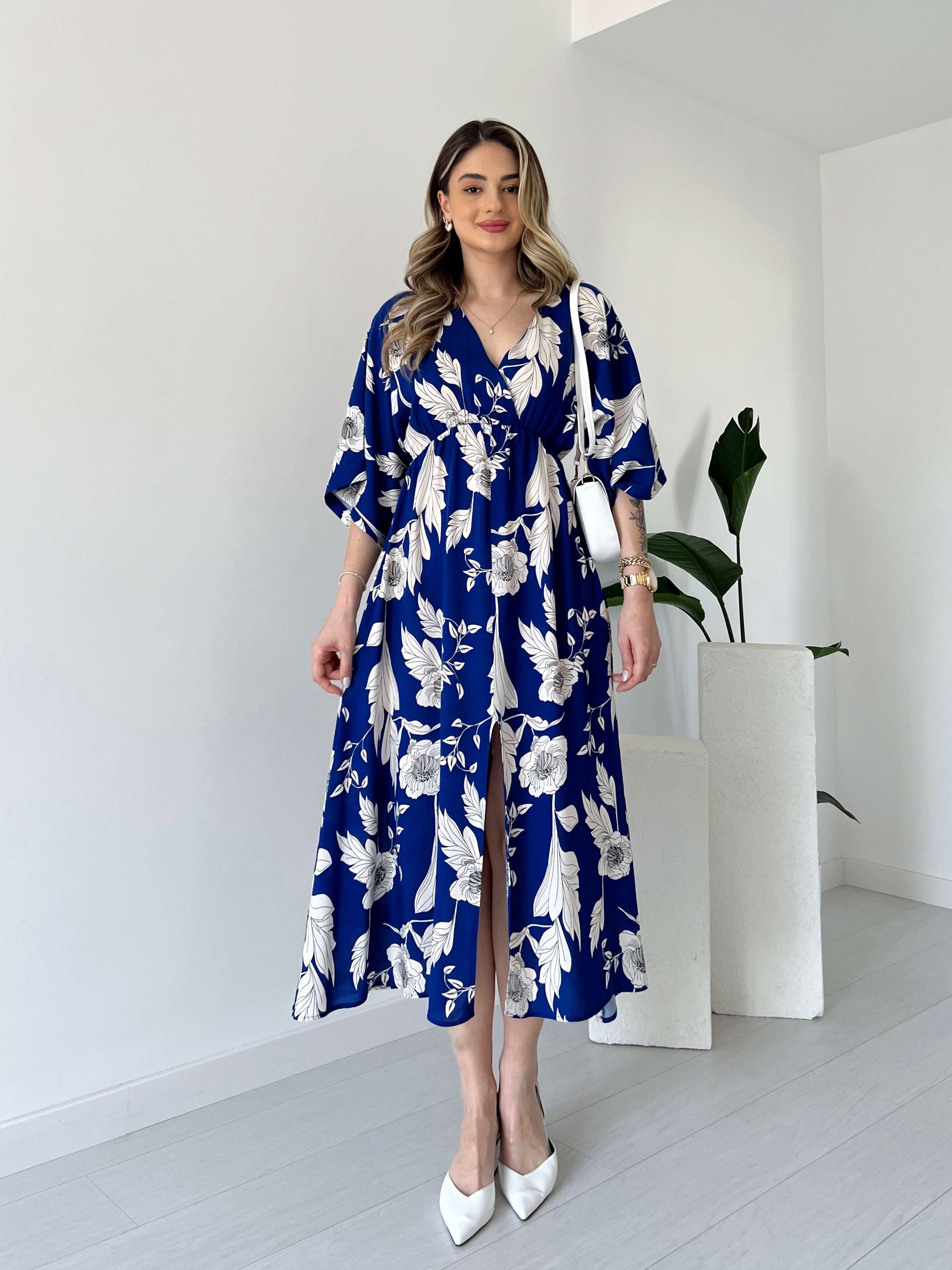 Yaprak Desen Beli Lastikli Elbise - Mavi