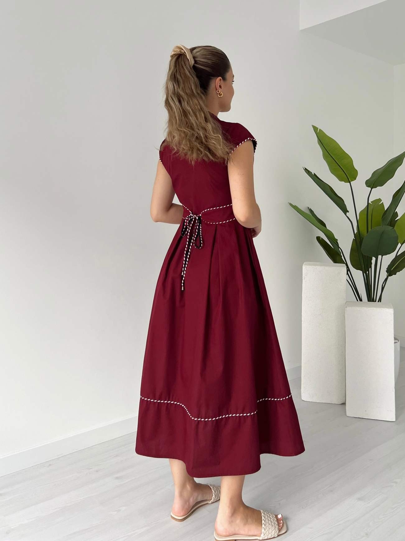 Renkli Dikişli Midi Boy Poplin Elbise - Bordo