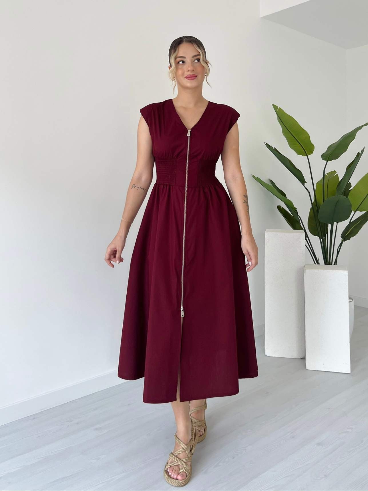 Önü Fermuarlı Midi Boy Poplin Elbise - Bordo