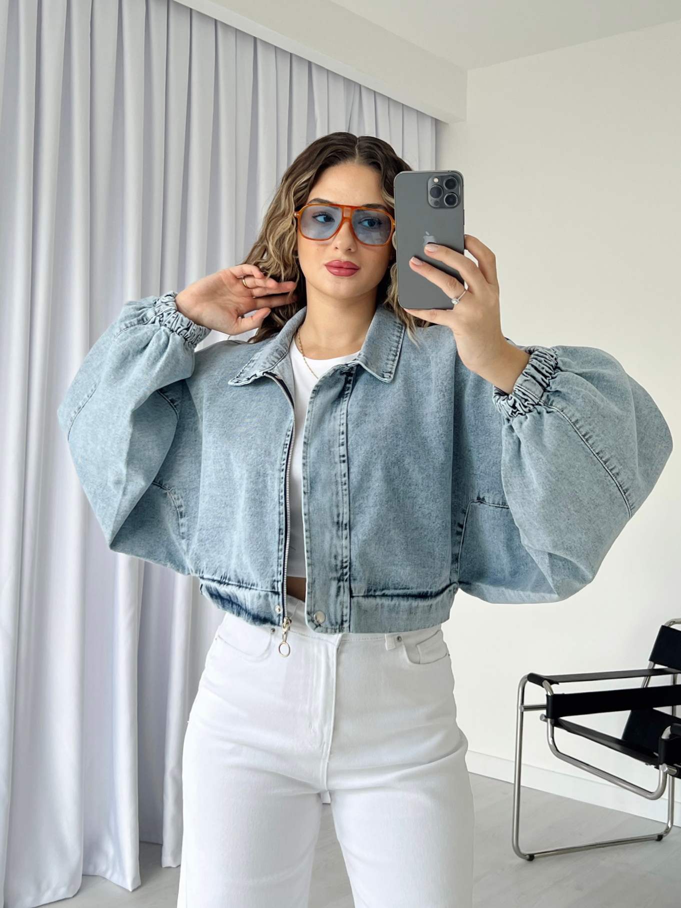 Crop Denim Bomber