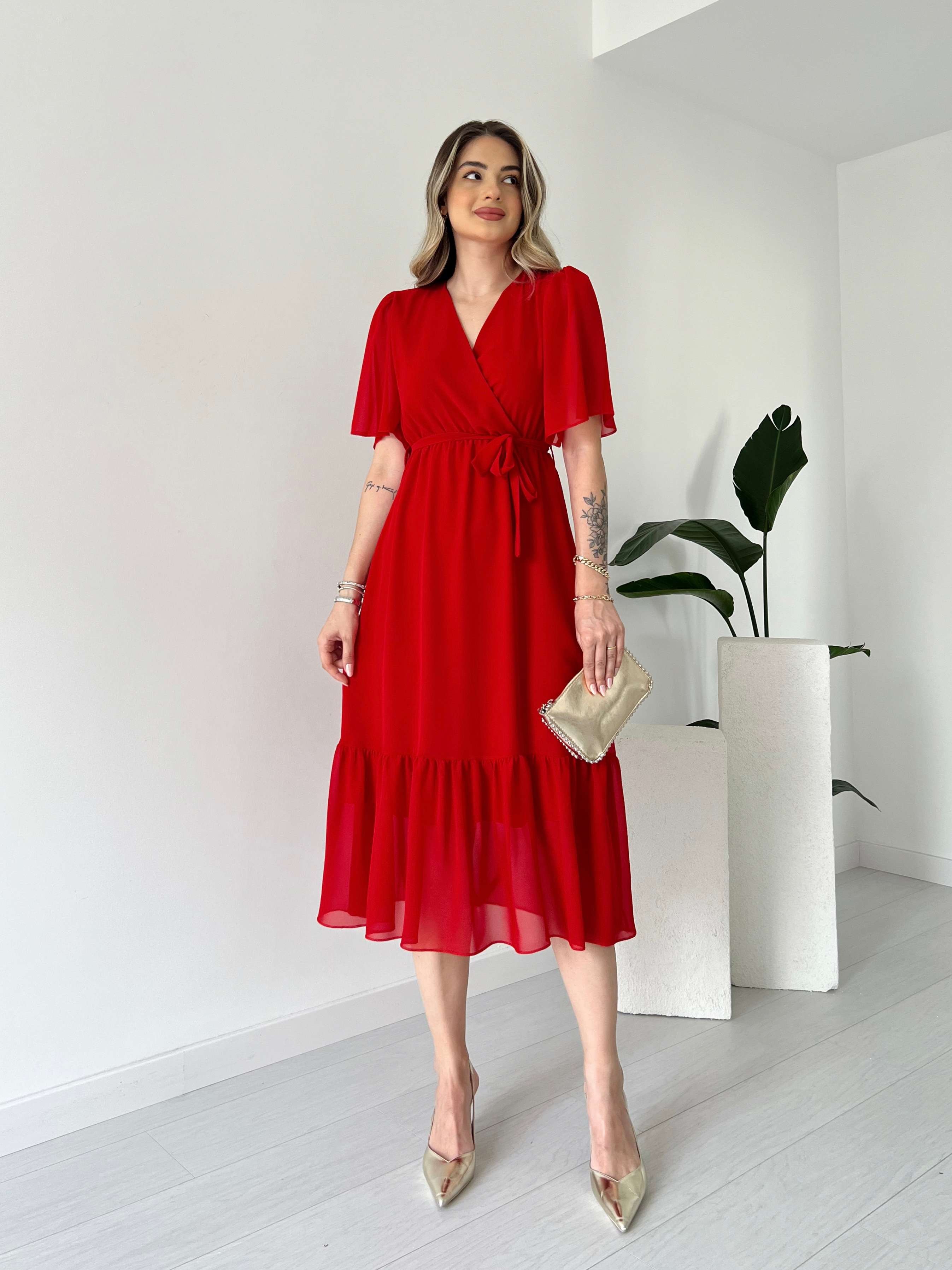 Midi Boy ALMIRA Şifon Elbise - Kırmızı