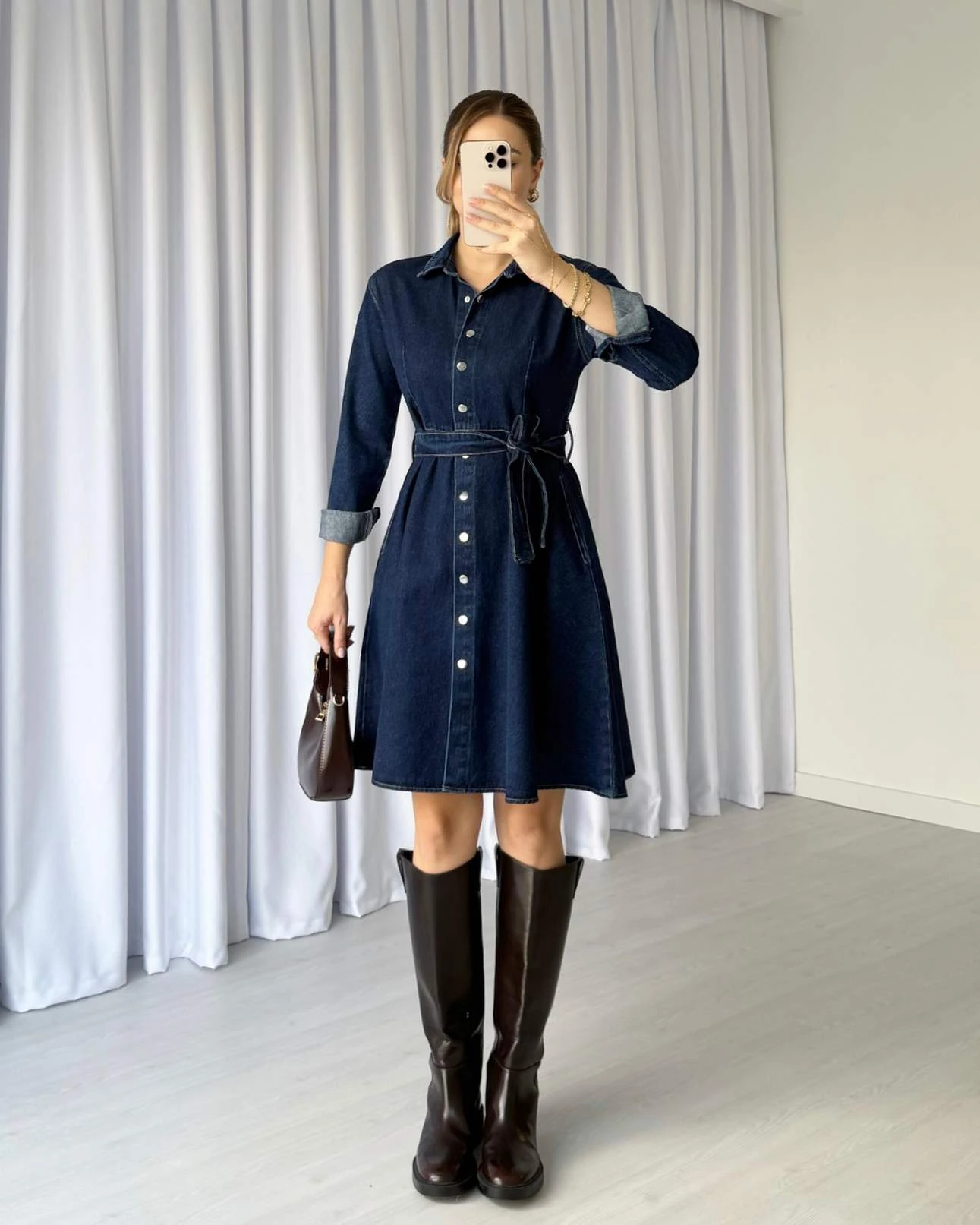 Koyu Mavi Kuşaklı Denim Elbise - Koyu Mavi