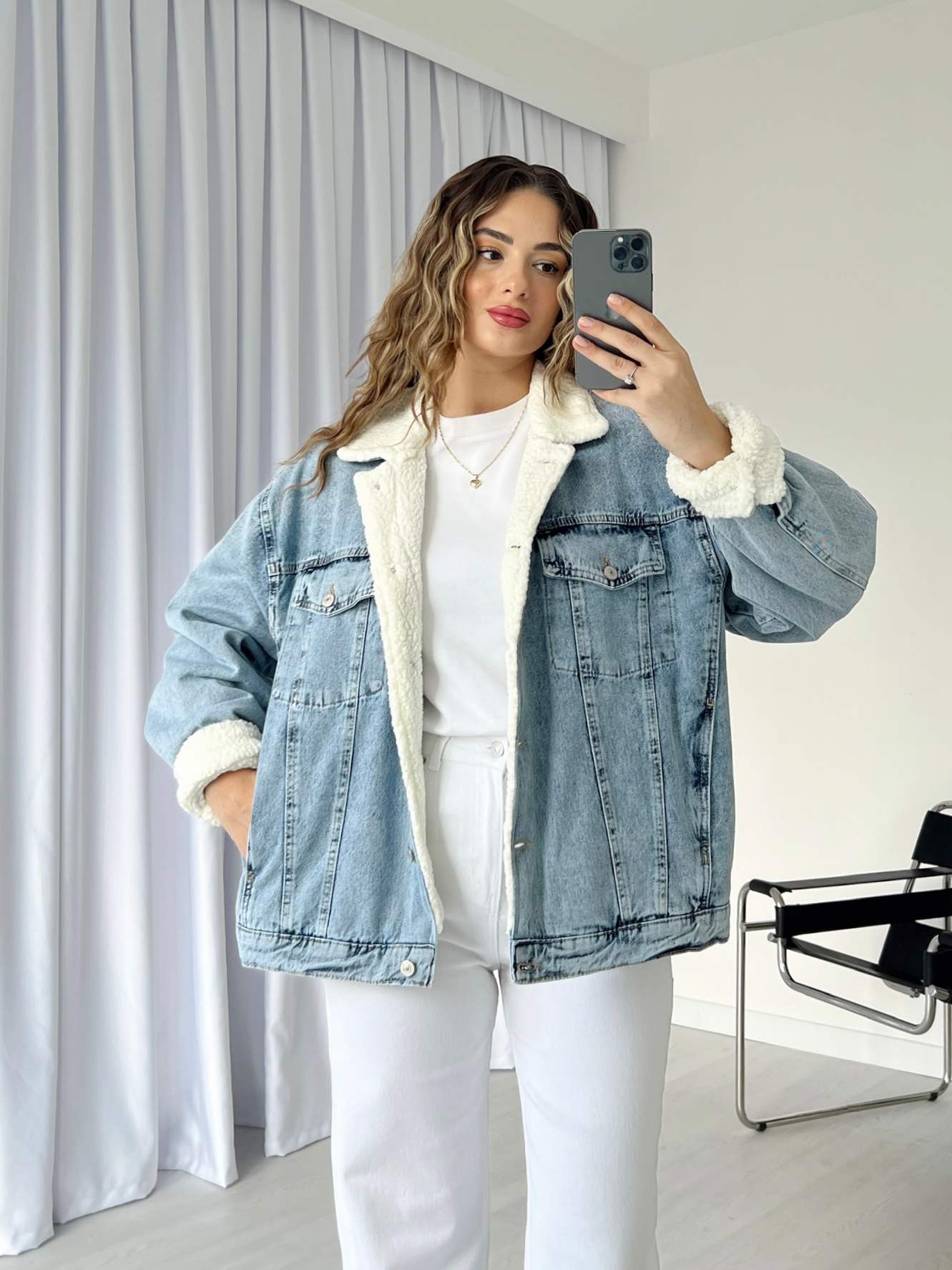 İçi Peluş Oversize Denim Ceket - Mavi