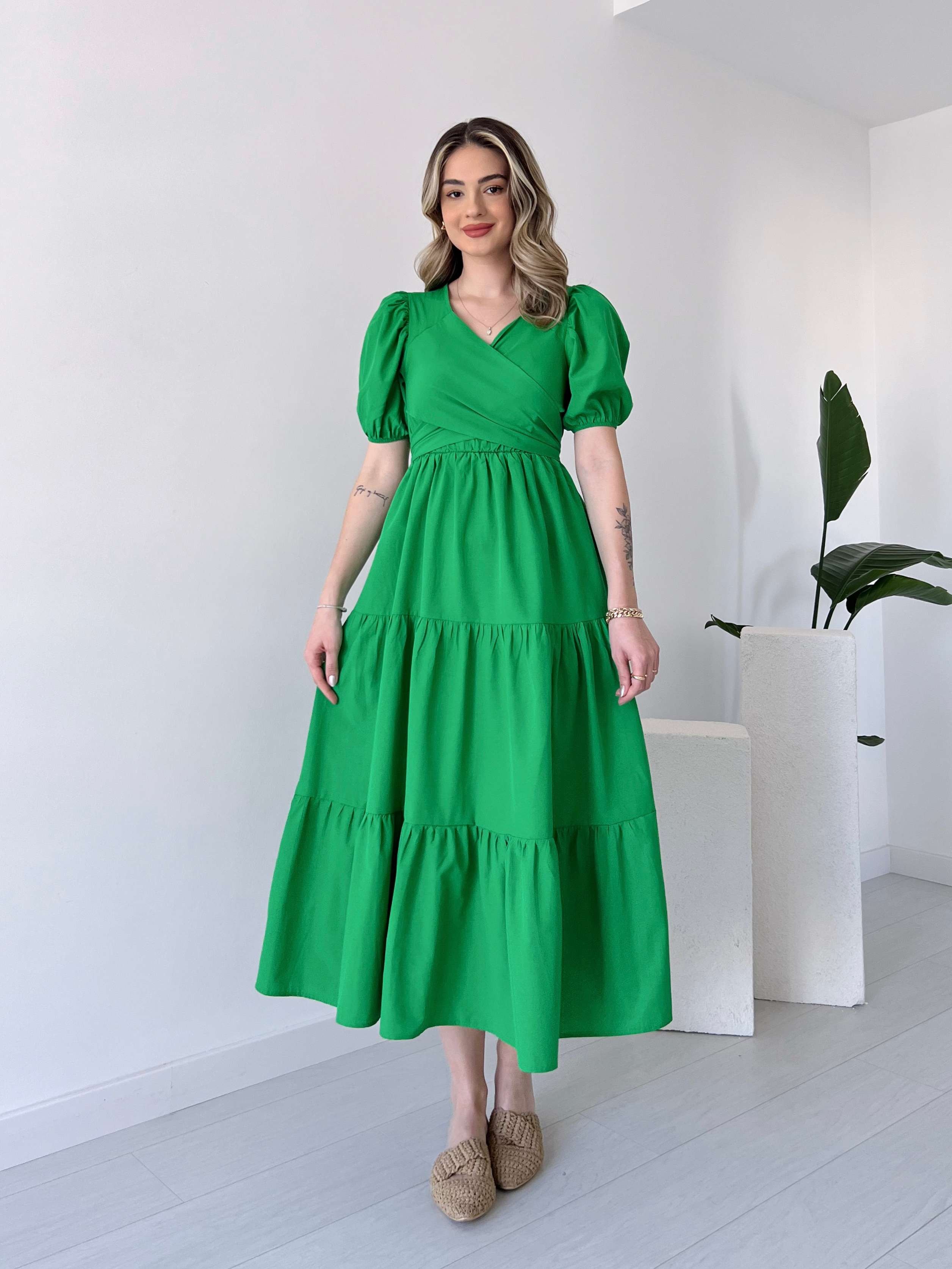 Kurdeleli Poplin Elbise - Yeşil