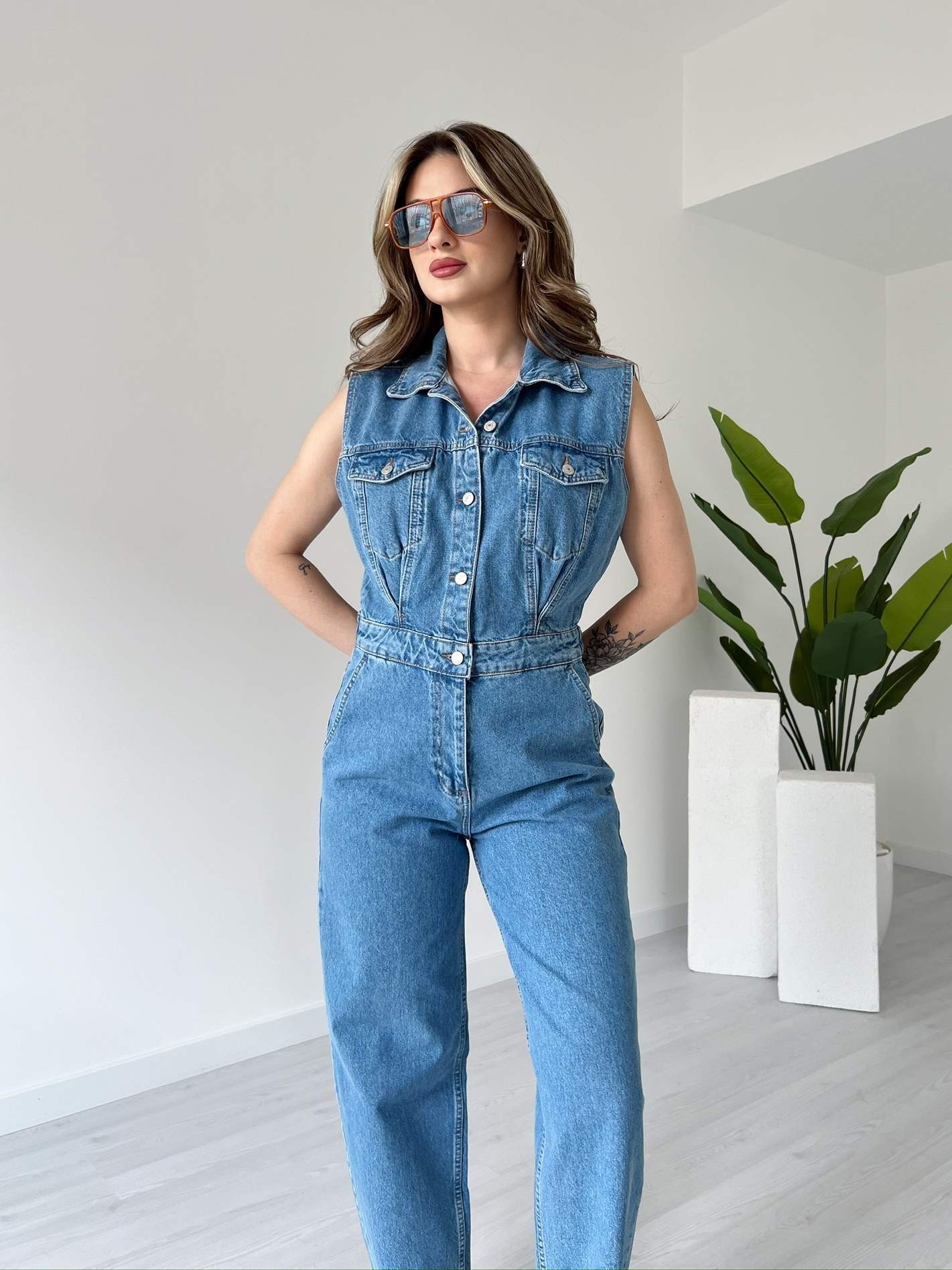 Cepli Denim Tulum - Açık Mavi