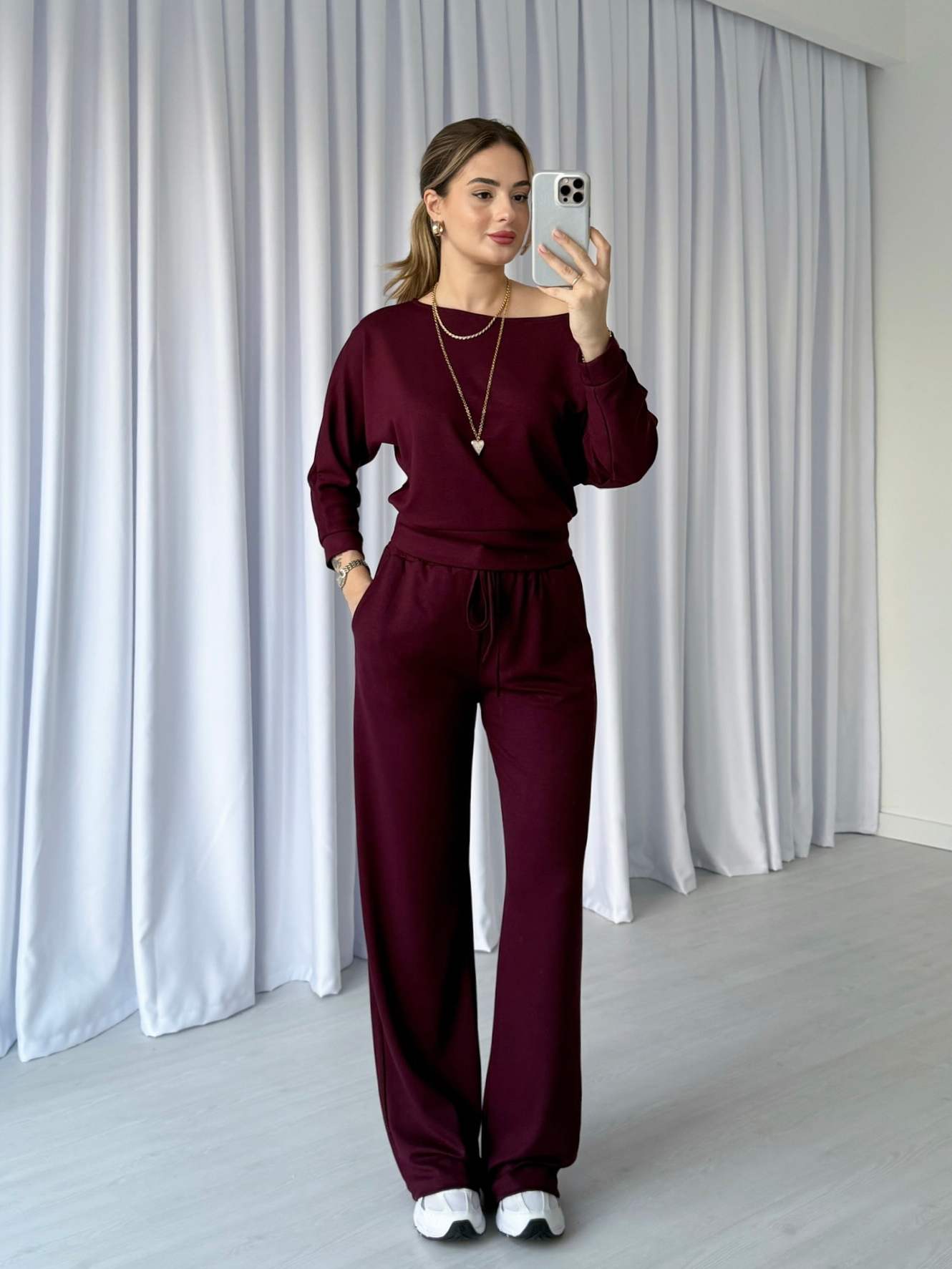 Kayık Yaka İkili Modal Takım - Bordo