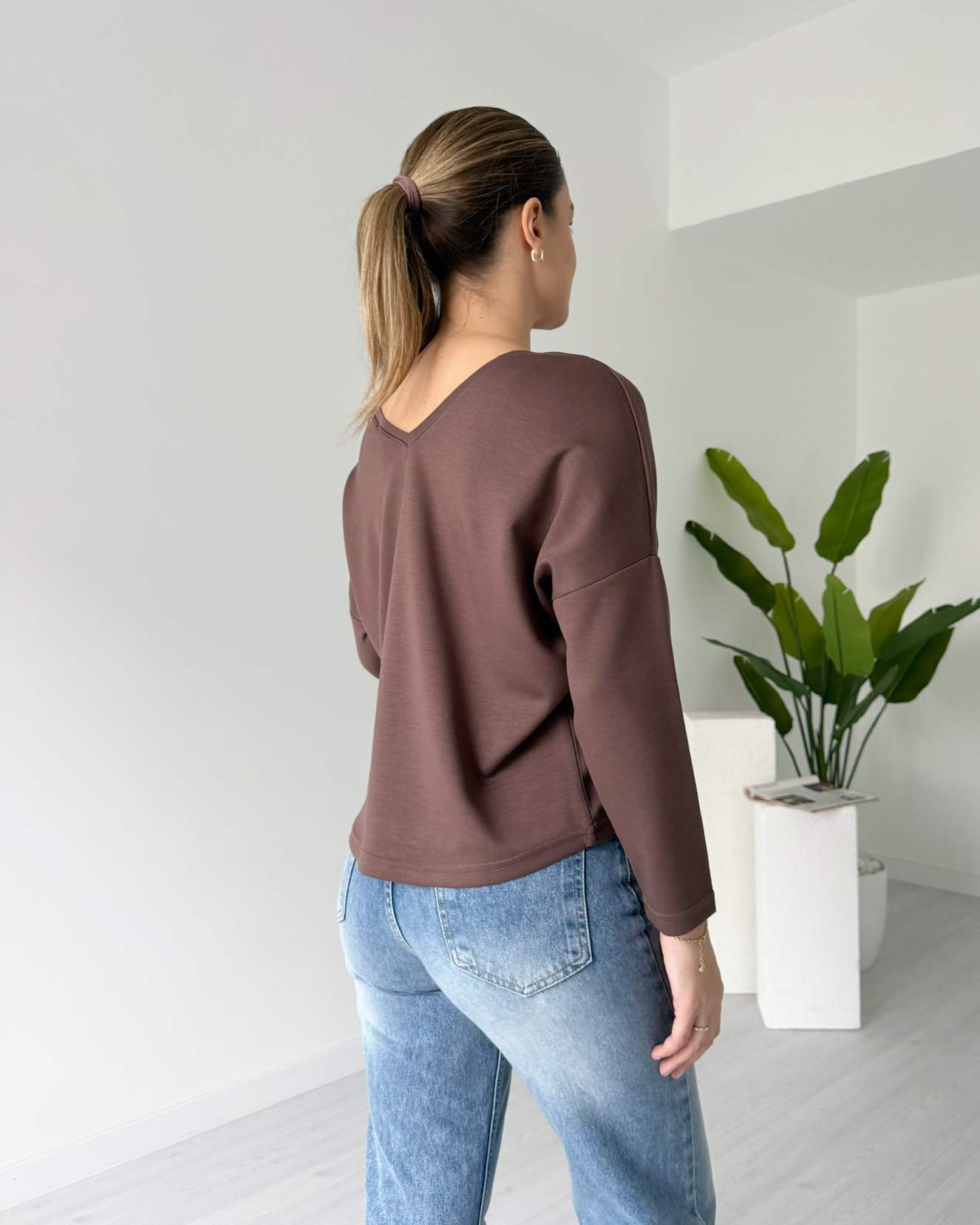 Ön Arka V Modal Bluz - Kahve