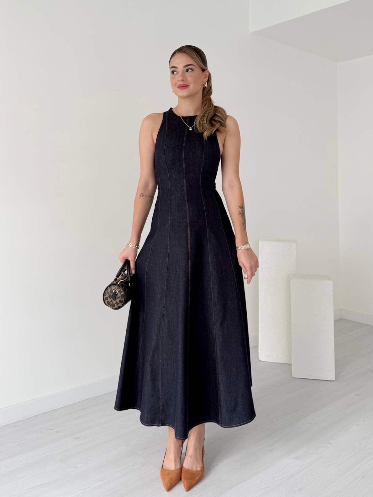 Sıfır Kol Denim Elbise - Lacivert