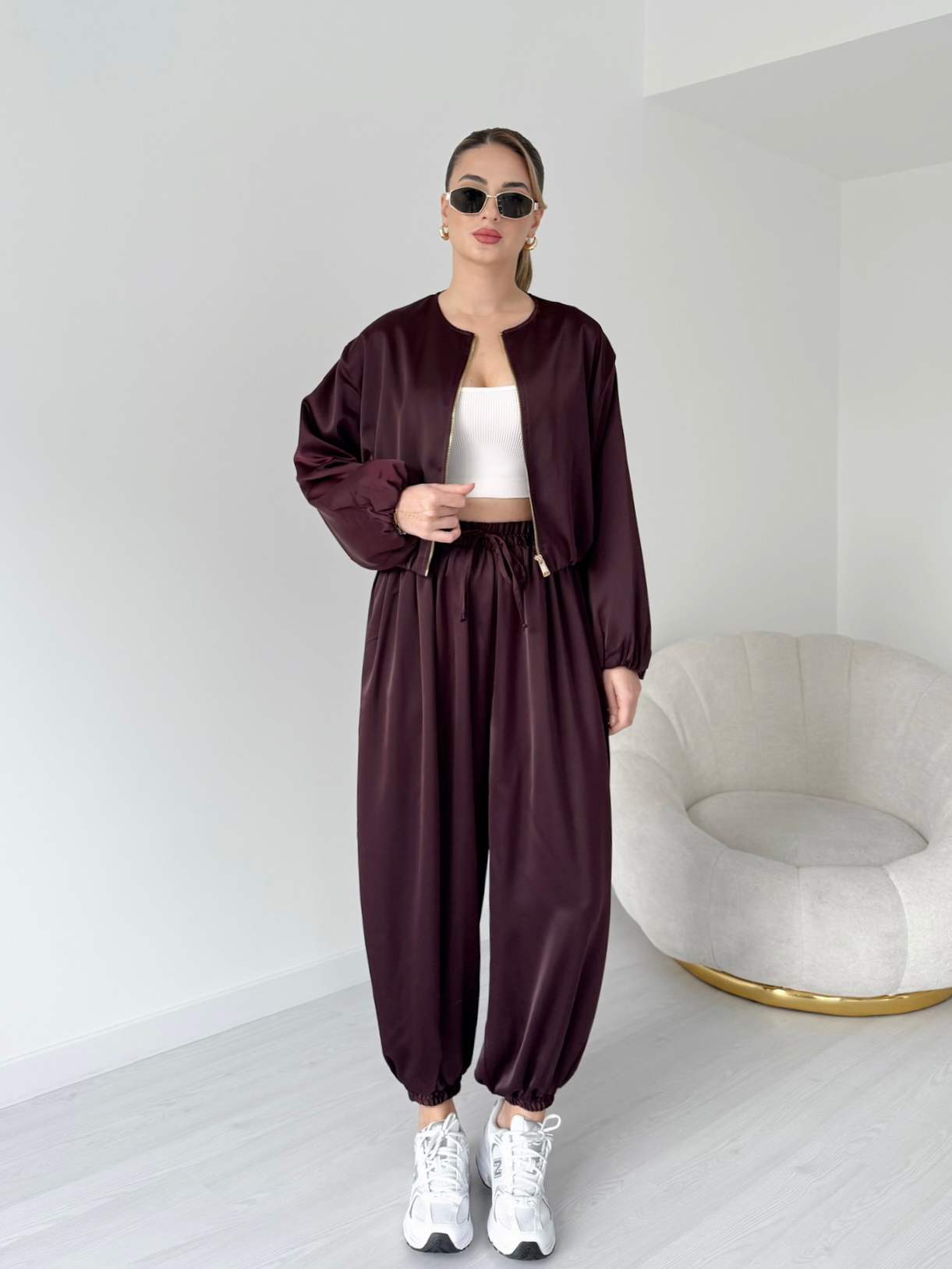 Saten Bomber-Şalvar İkili Takım - Bordo