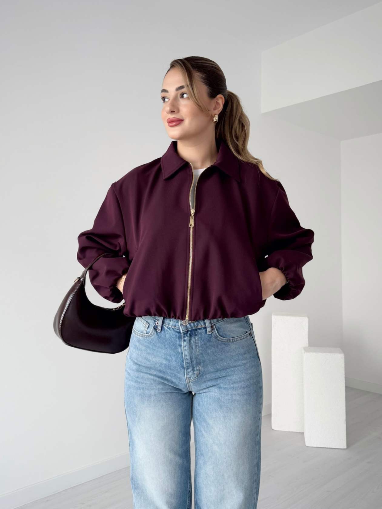 Gold Fermuarlı Astarlı Bomber - Bordo