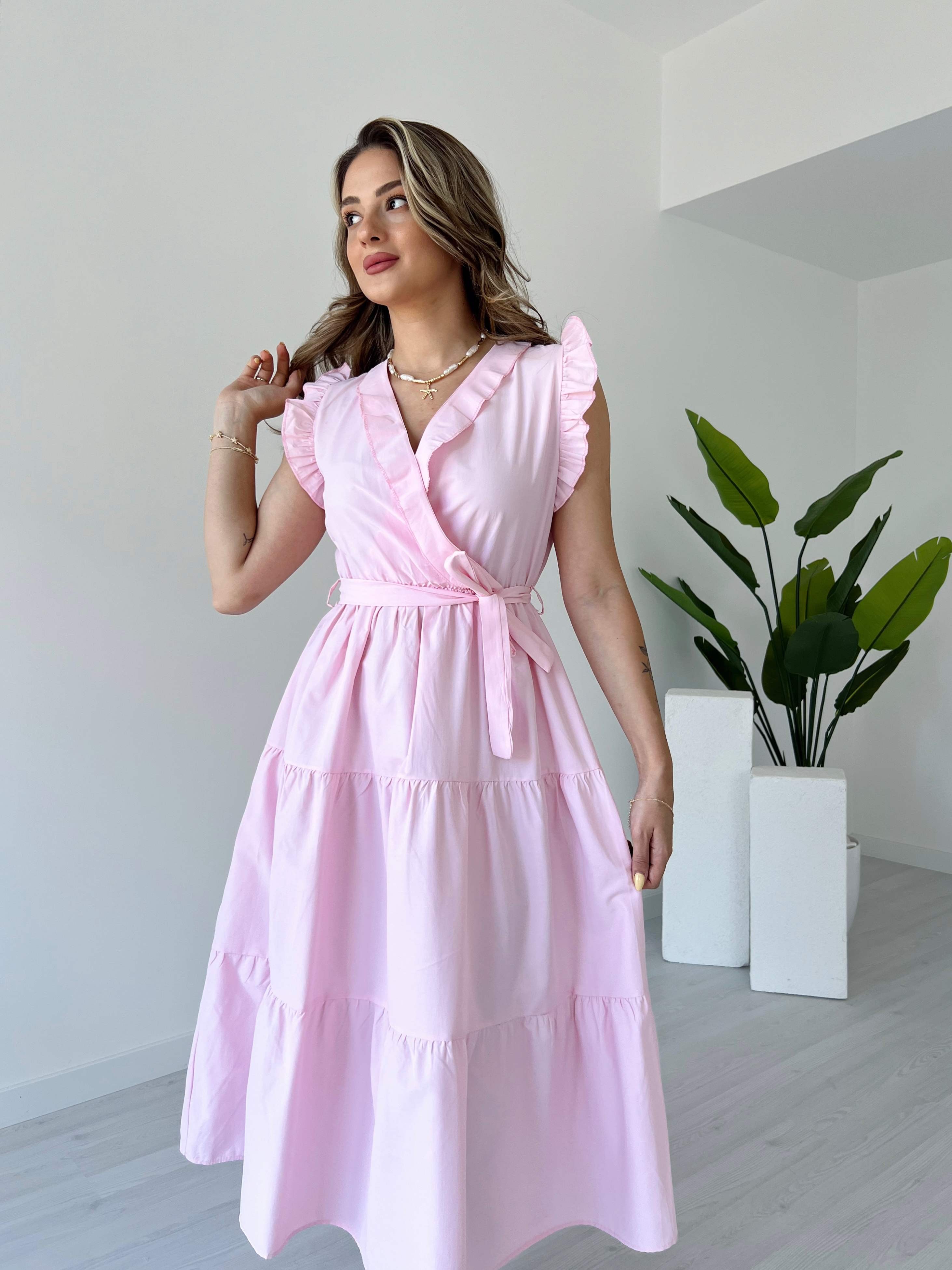 Yaka ve Kolları Fırfırlı Poplin Elbise - Açık Pembe