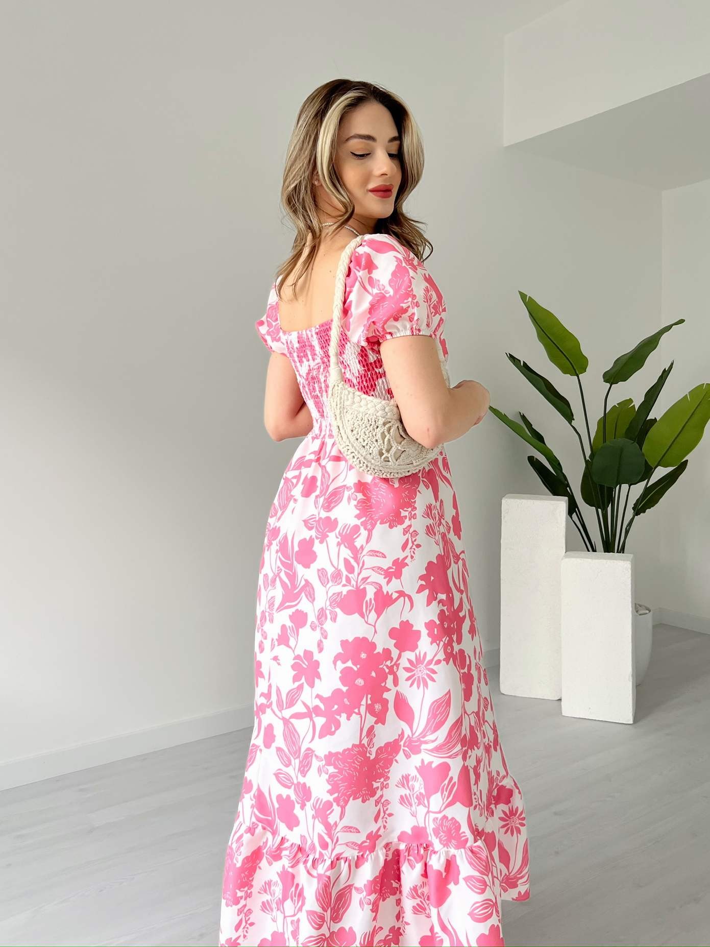 Pembe Çiçekli Poplin Elbise