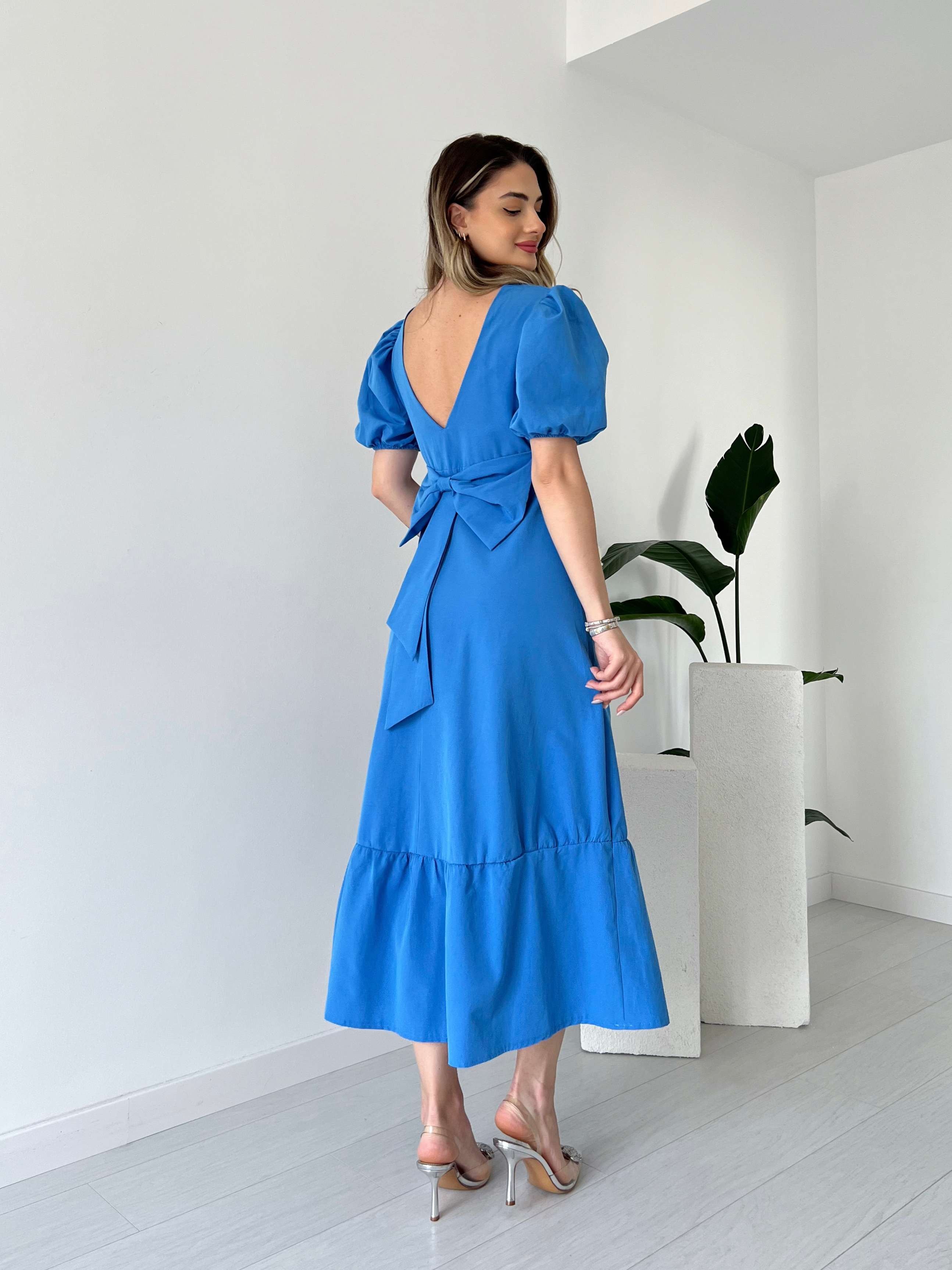 Sırtı Fiyonklu Poplin Elbise - Mavi