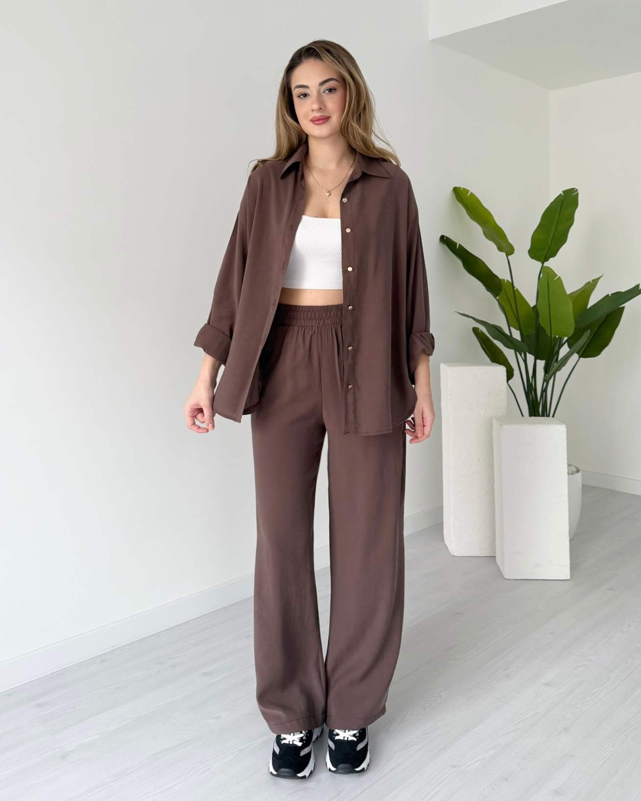 Tensel Kumaş Gömlek Pantolon Takım - Kahve