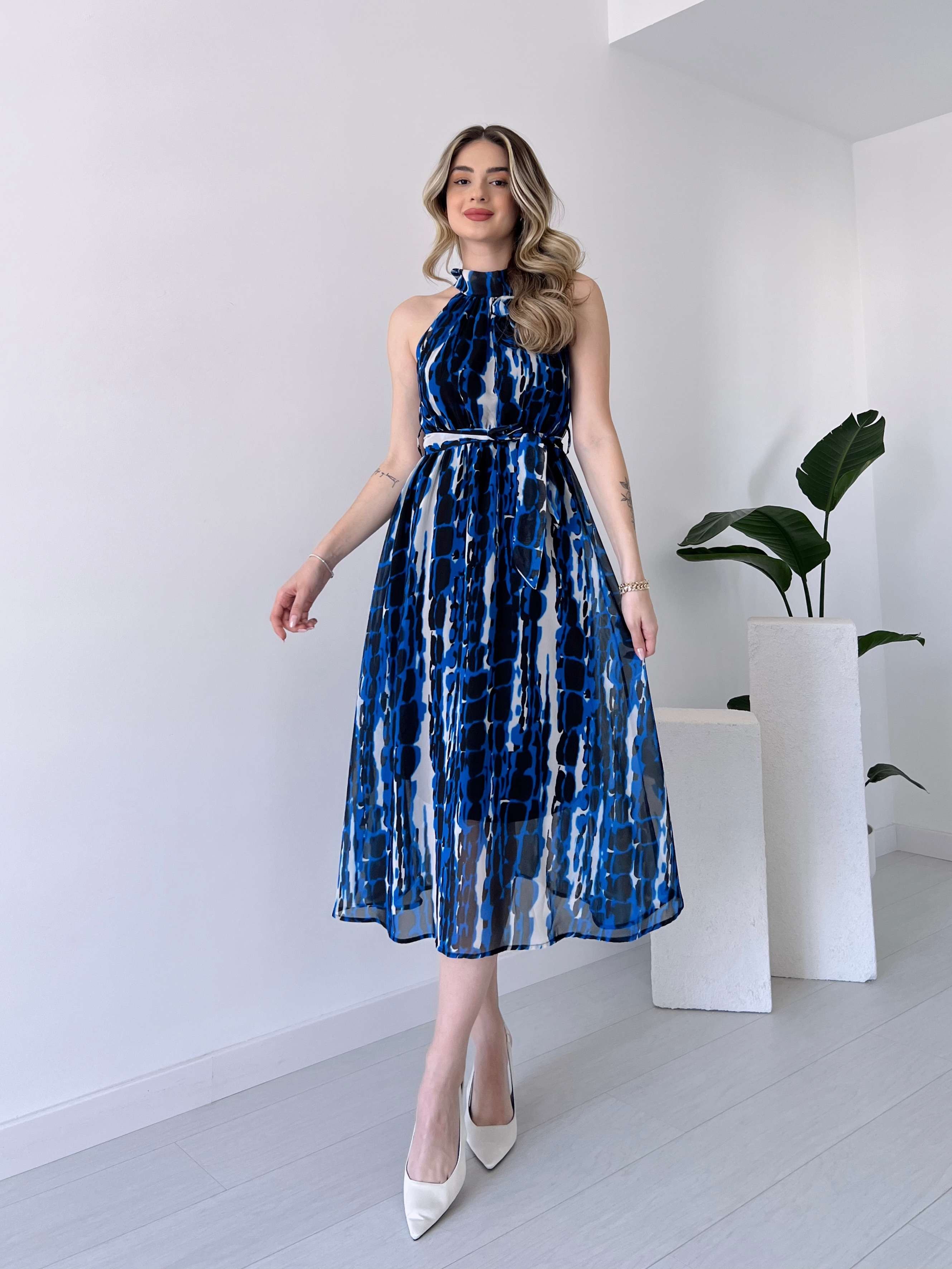 Gül Detaylı STELLA Şifon Elbise - Mavi