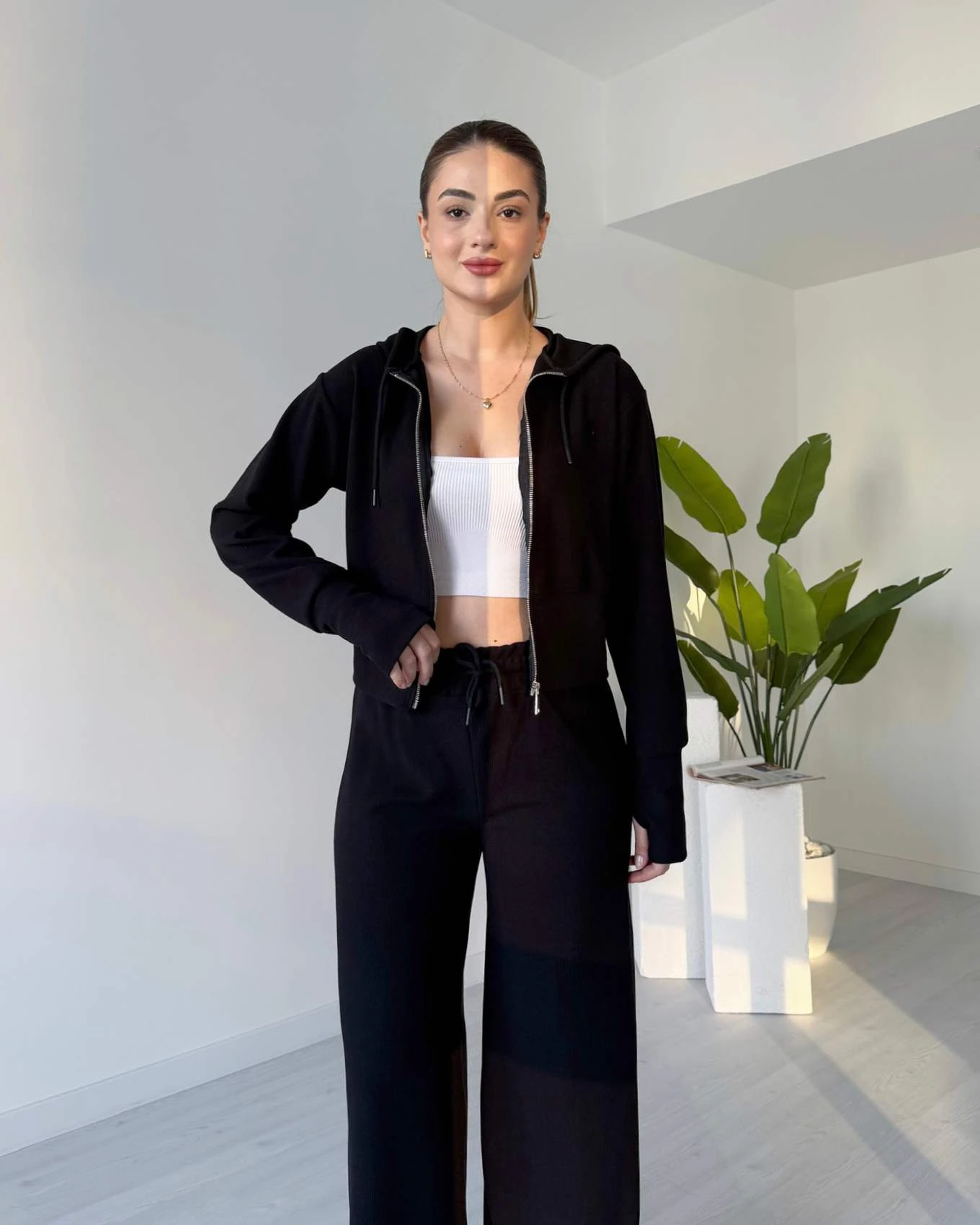 Selanik Kumaş Parmak Geçmeli İkili Takım - Siyah