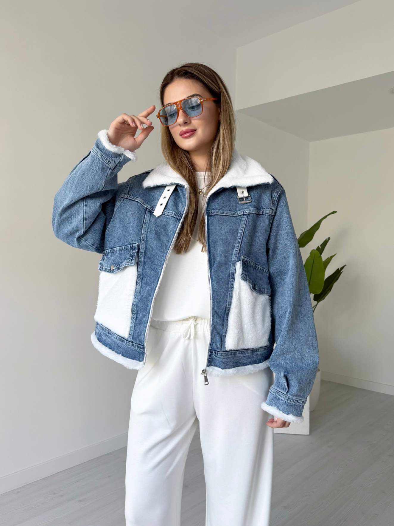 Peluş Detaylı Denim Ceket - Mavi
