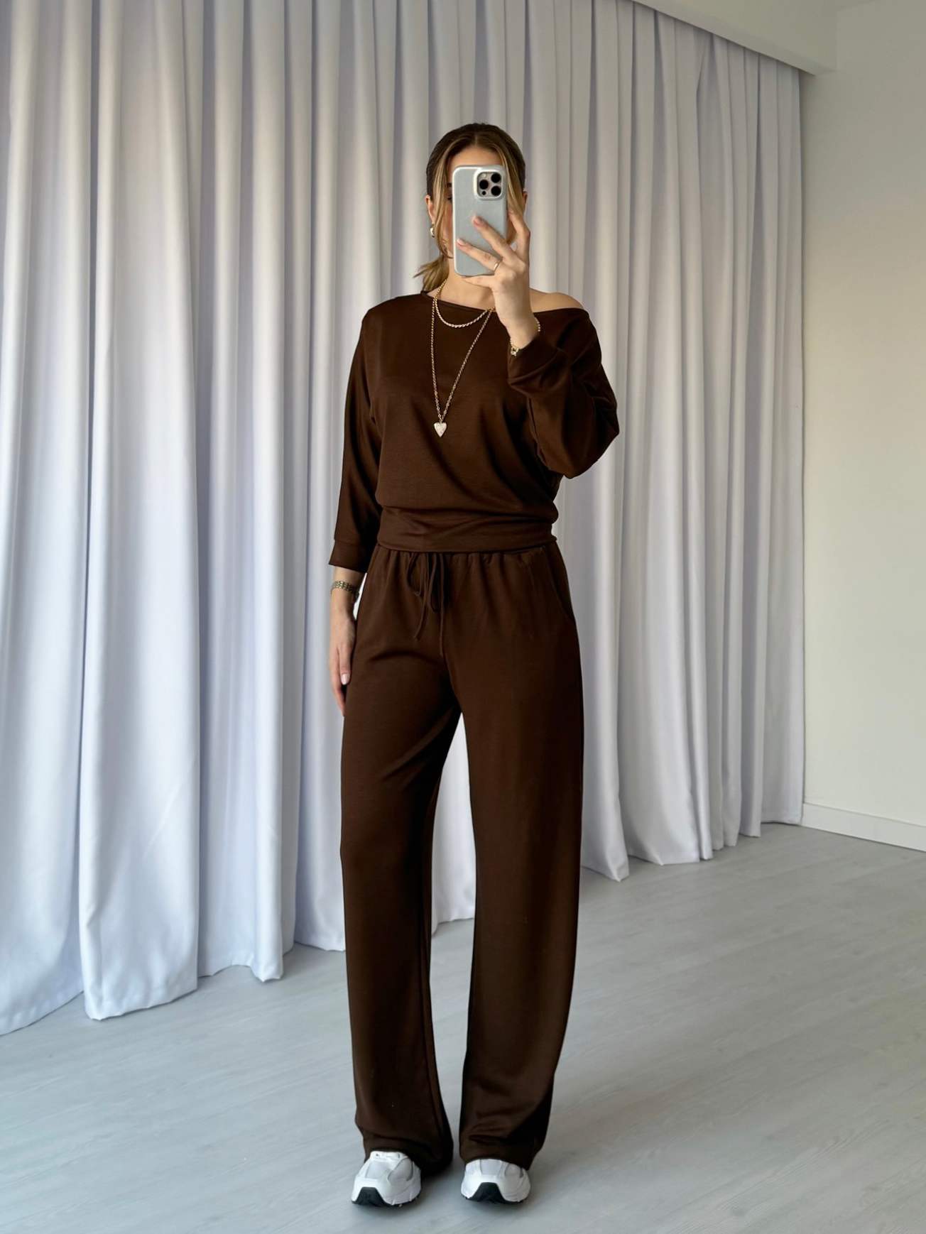 Kayık Yaka İkili Modal Takım - Kahve