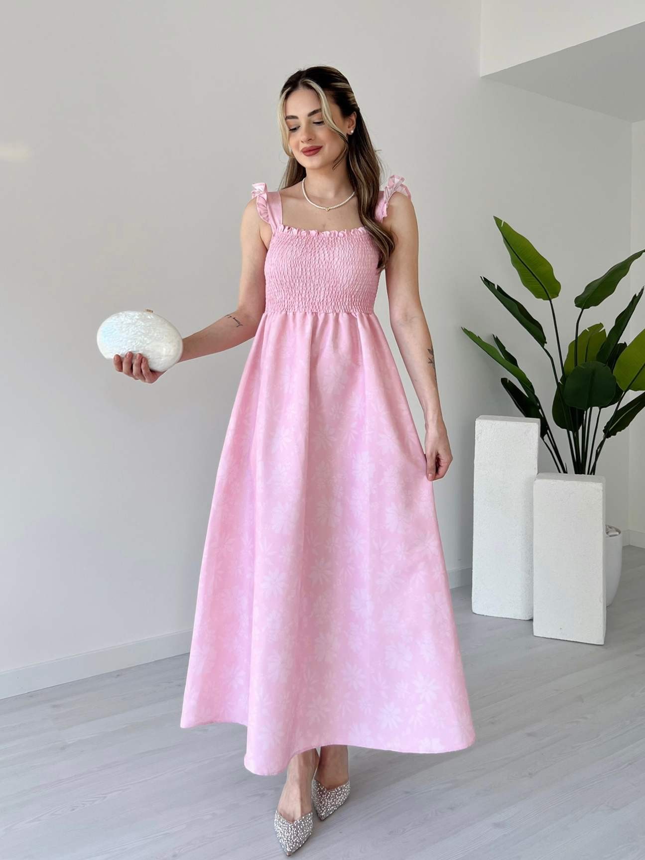 Soluk Efektli Gipeli Elbise - Pembe
