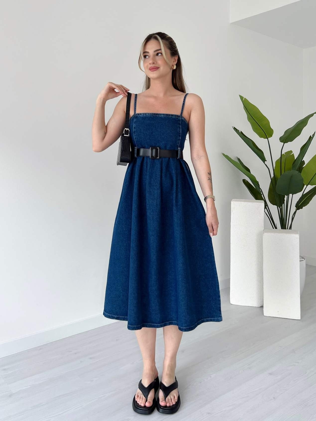 Askılı Denim Elbise - Koyu Mavi