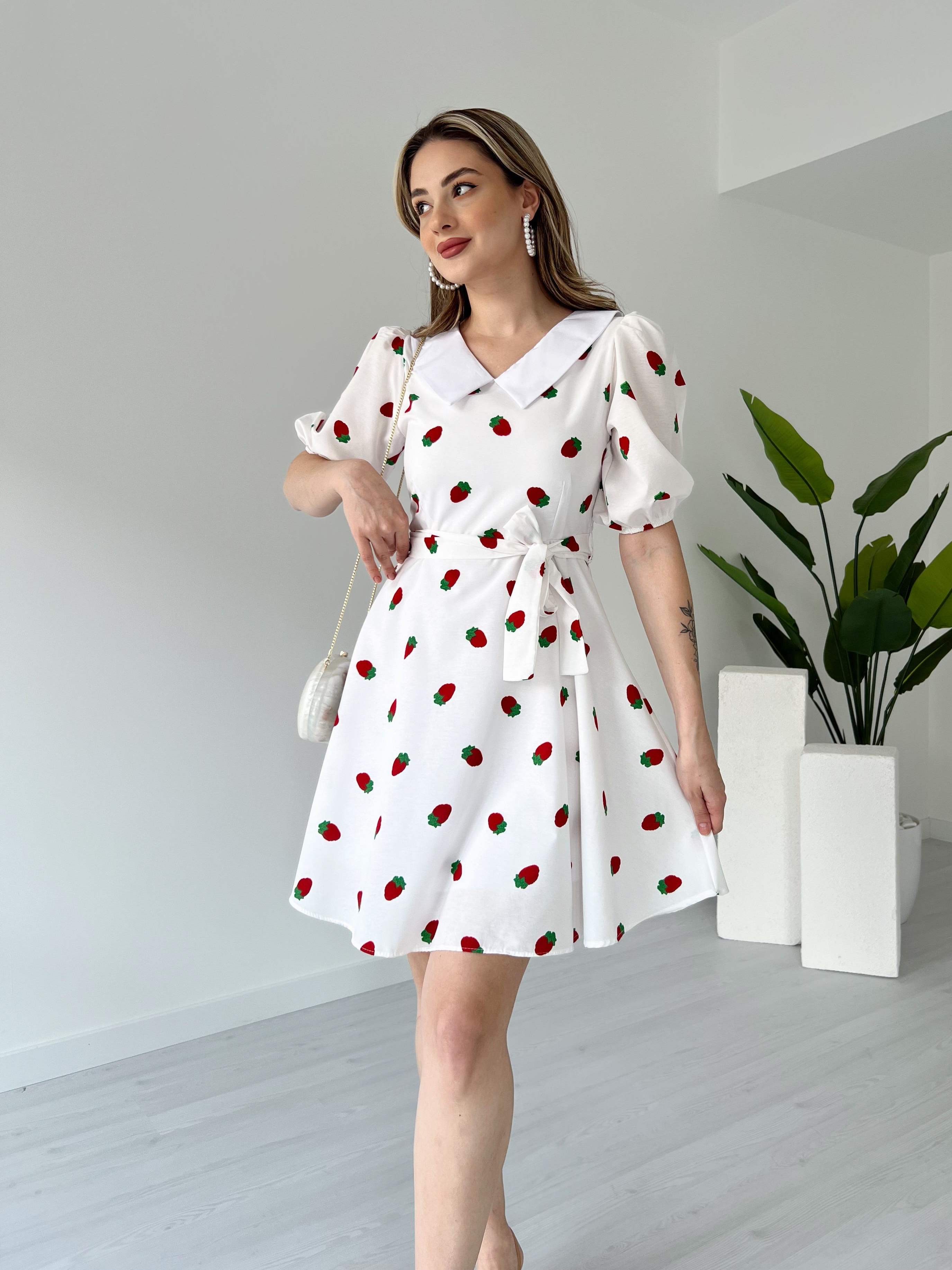 Bebe Yaka Desenli Poplin Elbise - Çilek Desenli