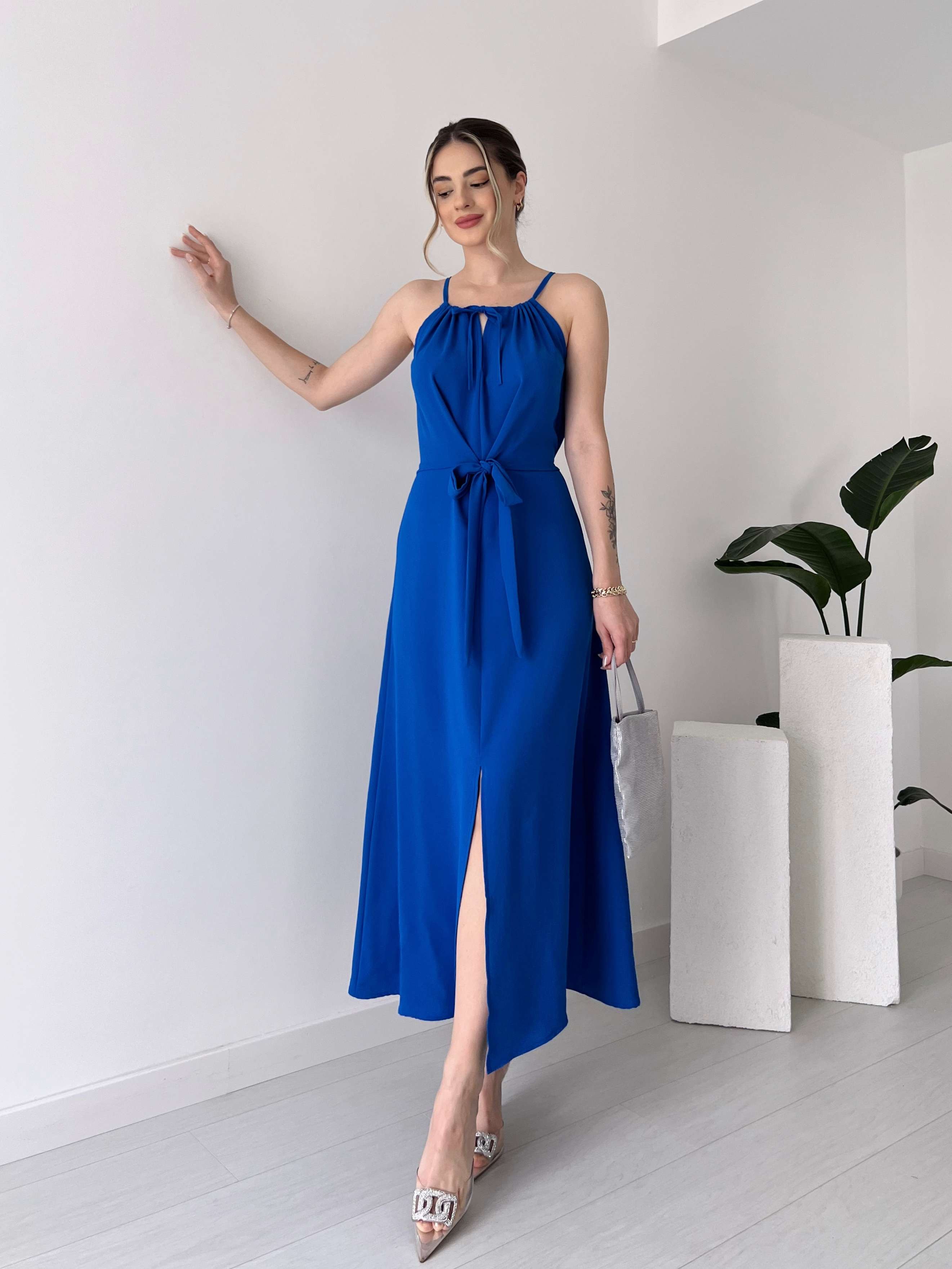 Halter Yaka MARIO Elbise - Mavi