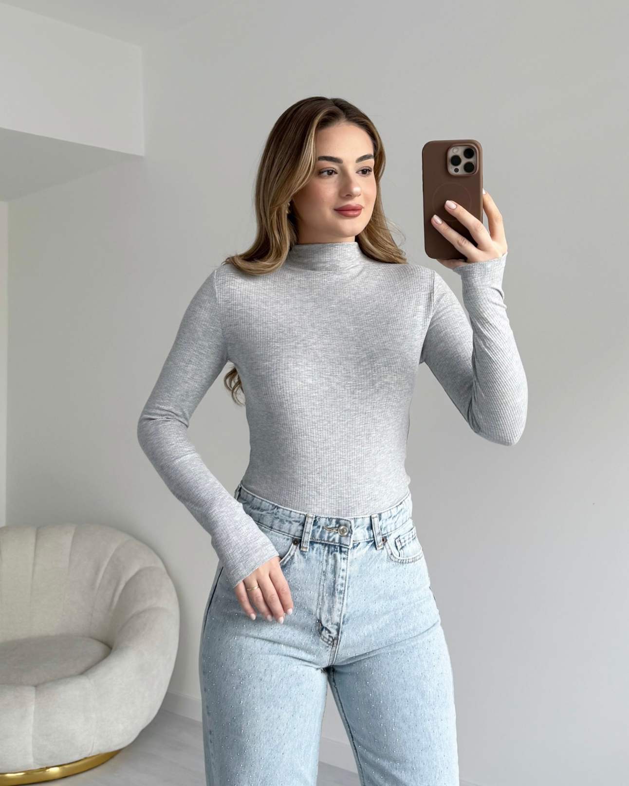 Dik Yaka Fitilli Penye Body - Gri