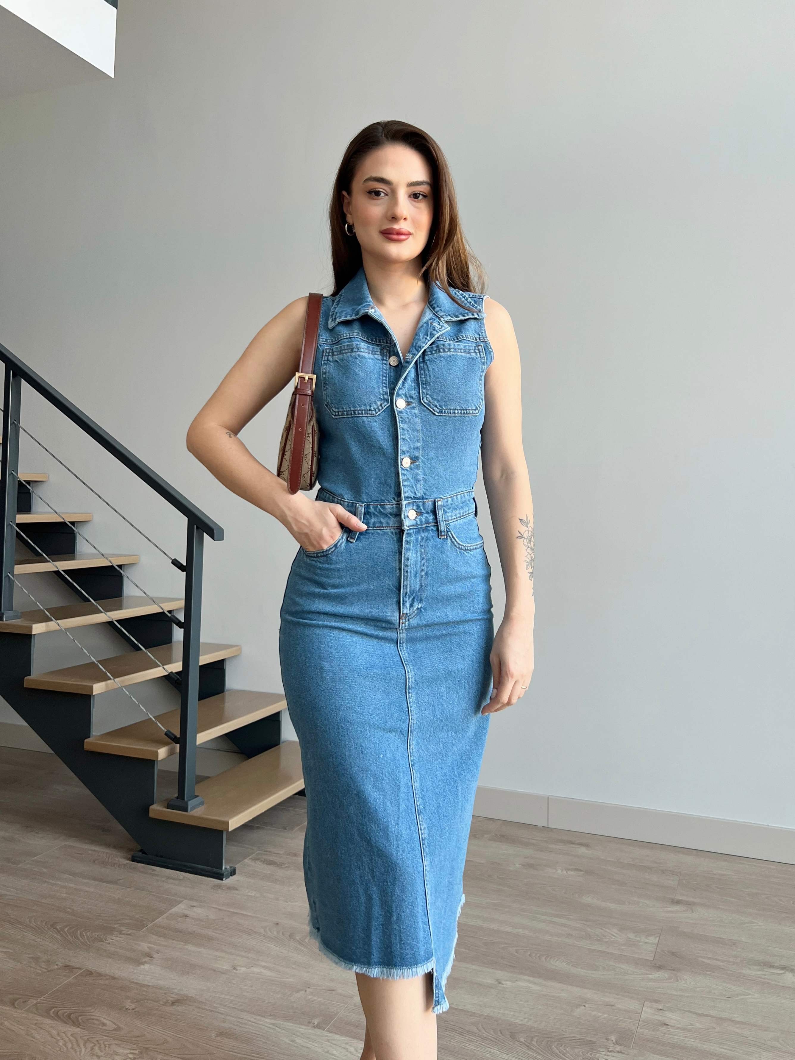 Eteği Püsküllü Denim Elbise